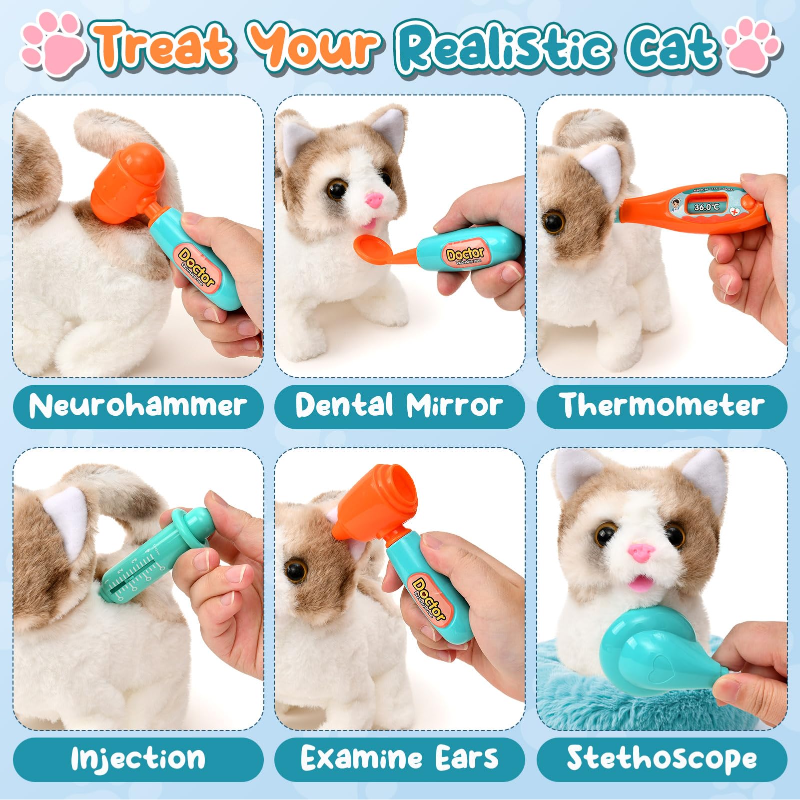 Peluche Chat Interactif Qui Marche Remuer La Queue Kit Medecin Enfant Jeu De Rôle Cadeau Jouet Fille 3-8 Ans