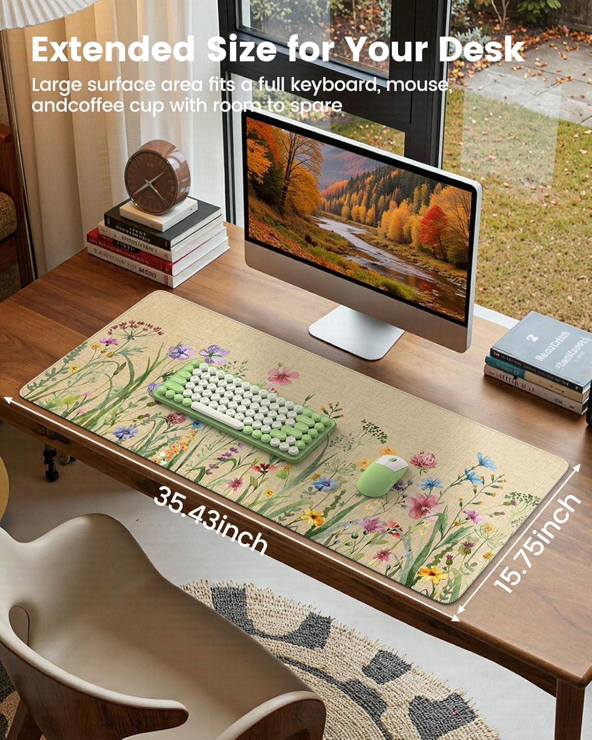 iCasso Desk Cover Mat, Extra Large Floral Mouse Pad, Desk Pad Mat,Office Matt for Desktop Protector, Anti-Slip XXL Big Mousepad with Stitched Edges for Laptop Computer Keyboard(Beige) - Image 2