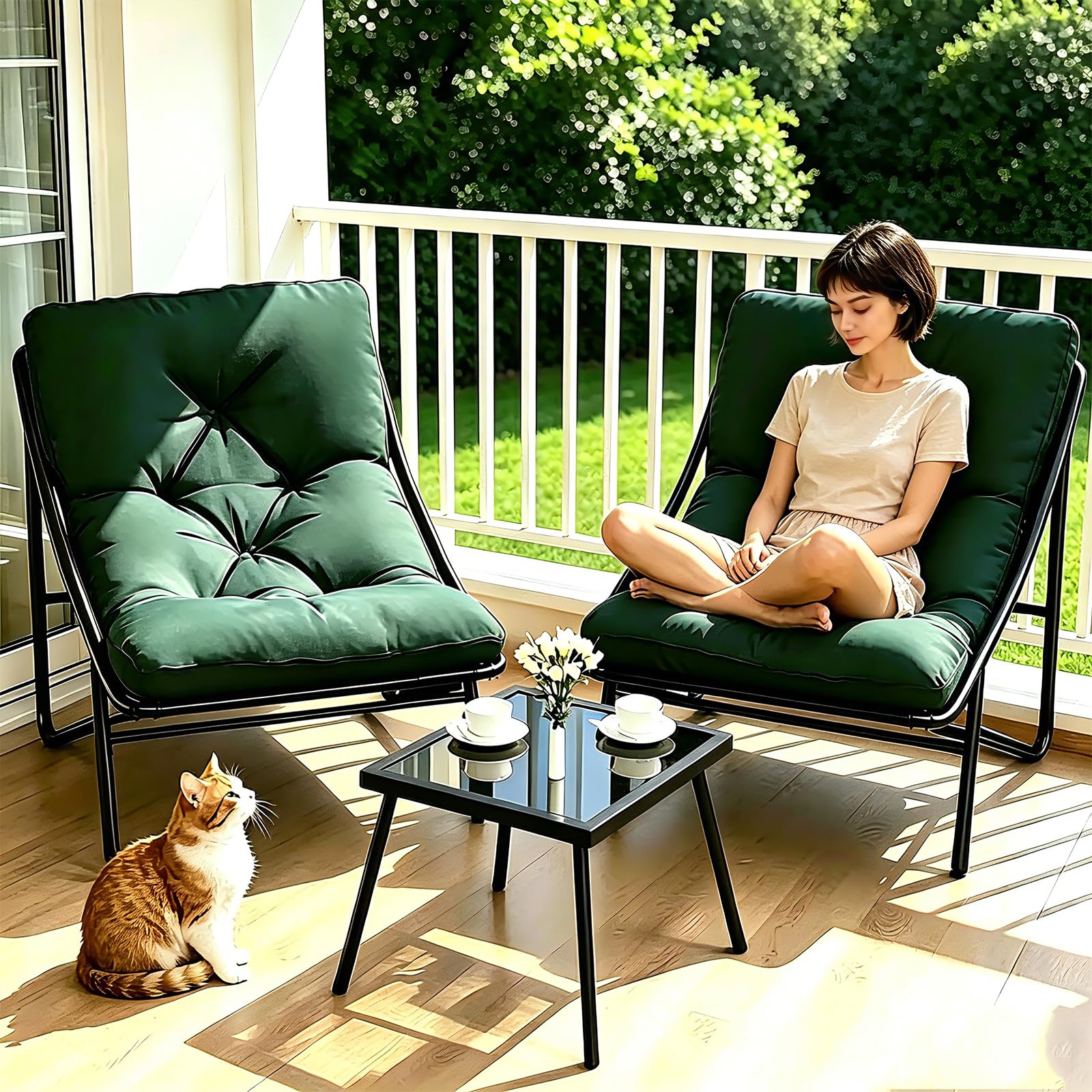 Balkonmöbel Set 3 teilig, Gartenmöbel Set,Terrassenmöbel 2 Stühle mit Sitzkissen und Tisch,Balkonmöbel Kleiner Balkon, Bequemer Balcony Furniture Sitzgruppe für Garten Terrasse. (Grün)