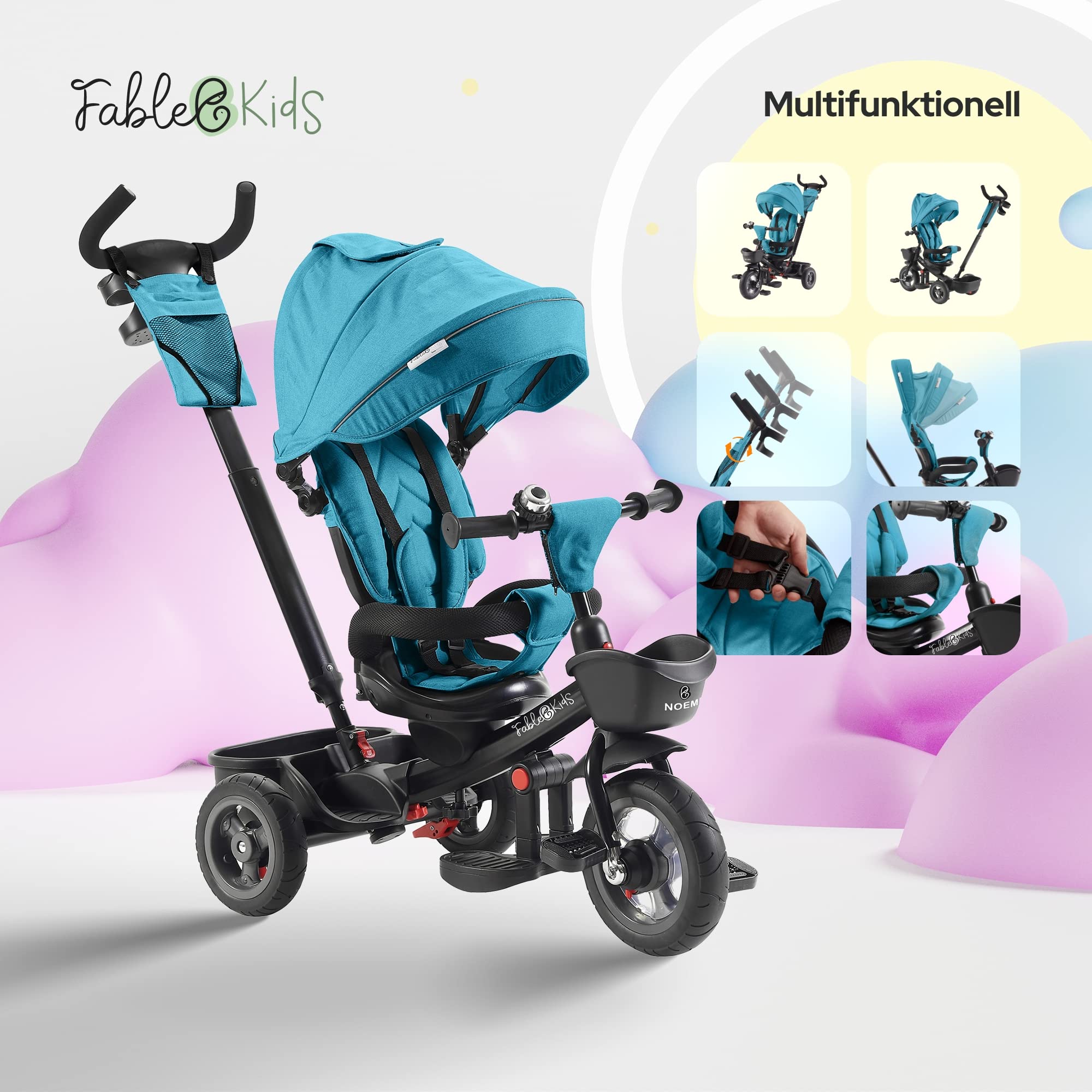 FableKids 5in1 Dreirad ab 9 Monate bis 25kg | Kinderdreirad mit Schubstange, 360° drehbarem Sitz, Verdeck mit Sonnenschutz, 3-Punkt-Gurt, PU-Reifen, Korb & Zubehör für Babys & Kleinkinder | Türkis