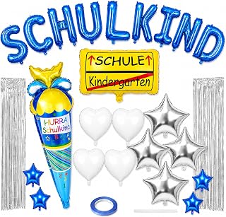 Einschulung Deko Folienballon Set Blau 27tlg, Schulkind Ballons mit 2 Lametta Vorhängen, Hurra Schulkind Eiscreme Ballon & Stern Herz Folienballons, Fotohintergrund für den ersten Schultag