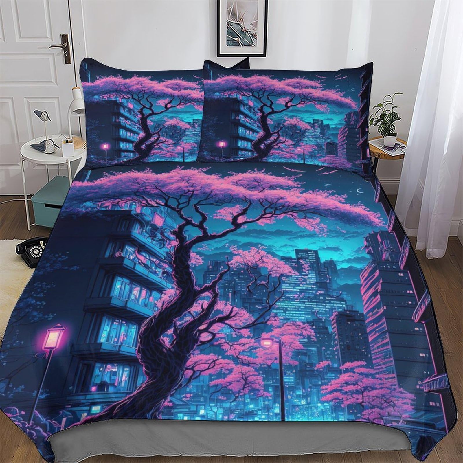 Lllbbb Boys Japanese Cherry Blossoms 3D Duvet Cover Microfiber Bedding Set Quilt Covers With Pillowcases Soft Comforter Cover For Girls Double (200X200cm)