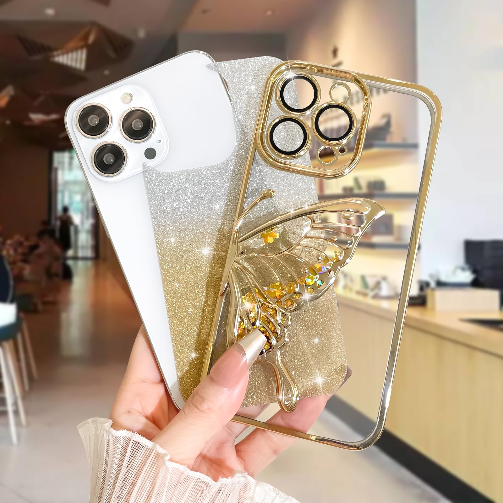 Custodia per telefono a farfalla con fiore di perle 3D di lusso per iphone 15 14 13 12 11 Pro Max X XS Max XR Cover con Glter epossidico per ragazza conchiglia bianca  202192403