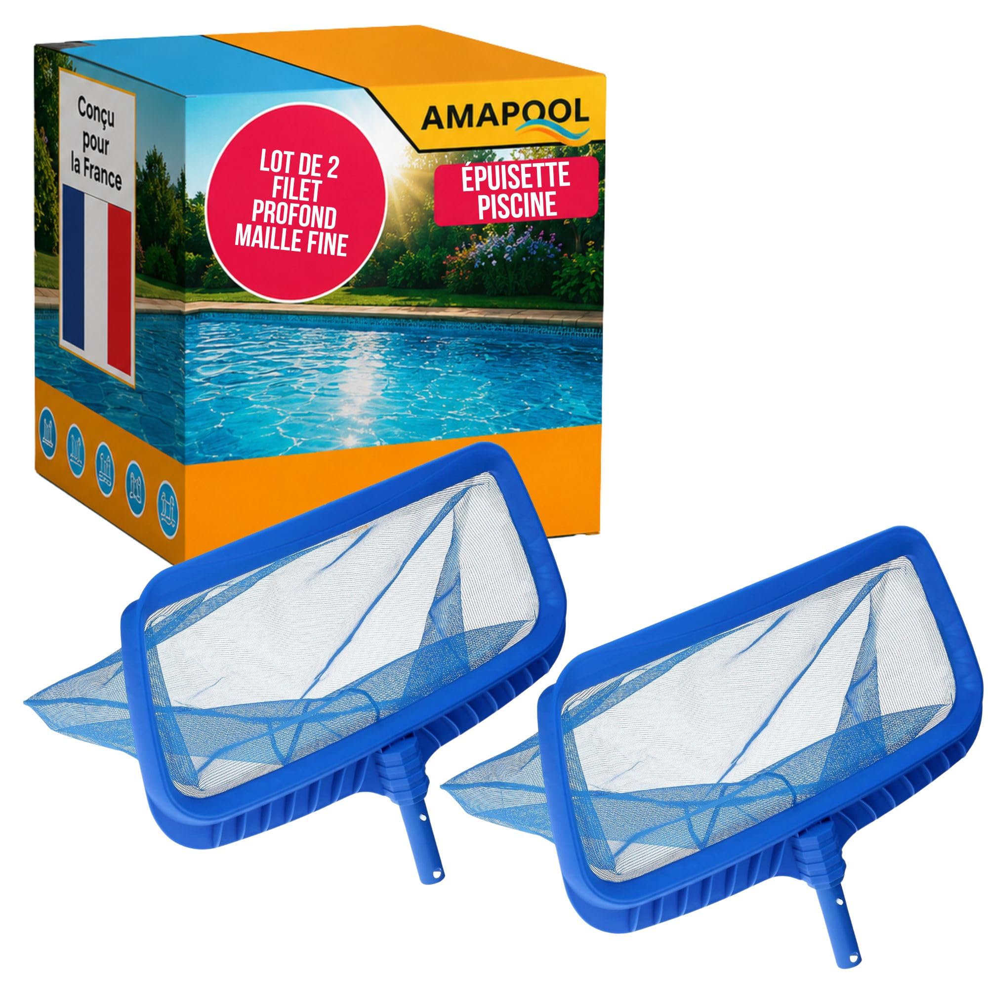 Amapool Lot de 2 Épuisettes de Piscine Deluxe - Filet de Fond à Mailles