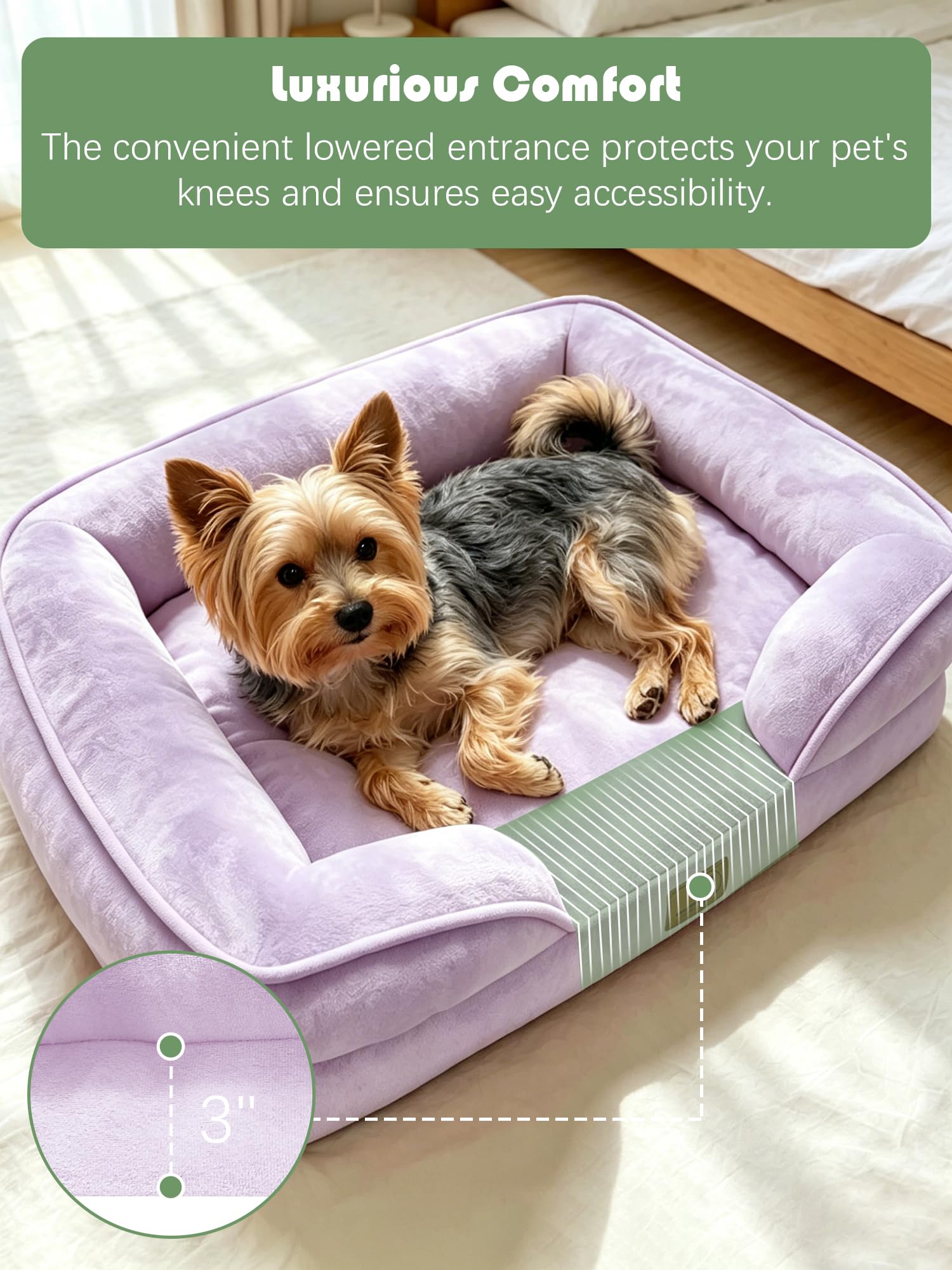 Spotted Play Orthopedic Dog Bed with Sides - Sofa Beds for Small Dogs, Supportive Foam Pet Couch Bed with Washable Removable Cover, Waterproof Lining and Non-Slip Bottom, Purple - S view 3