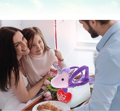 Miniatura 8 de DolliBu I Love You - Bolso transportador de mascotas de unicornio morado de San Valentín, lindo animal de peluche con corazón rojo y nombre, regalo