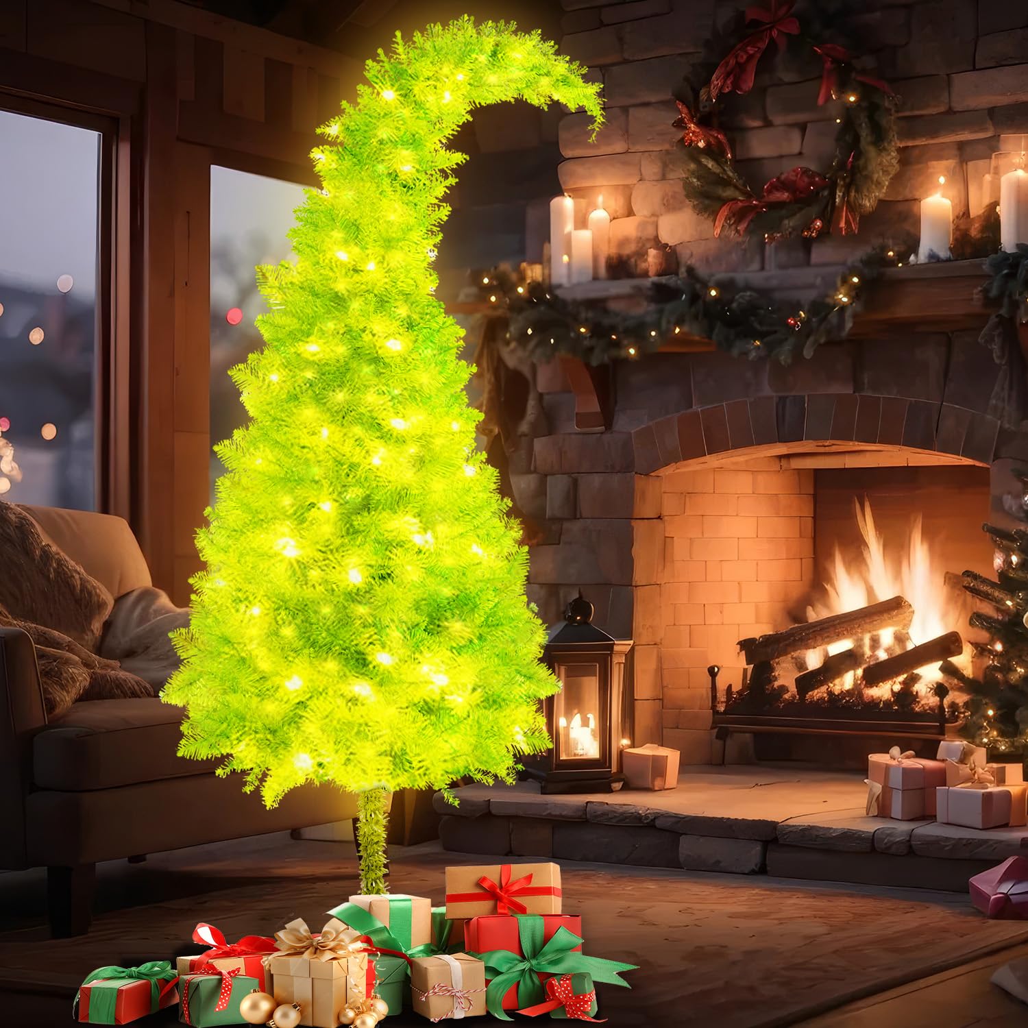 6ft christmas tree with bendable branches, whimsical tree christmas decorations xmas lime green christmas tree with timer remote control 150 led lights for outdoor yard indoor home