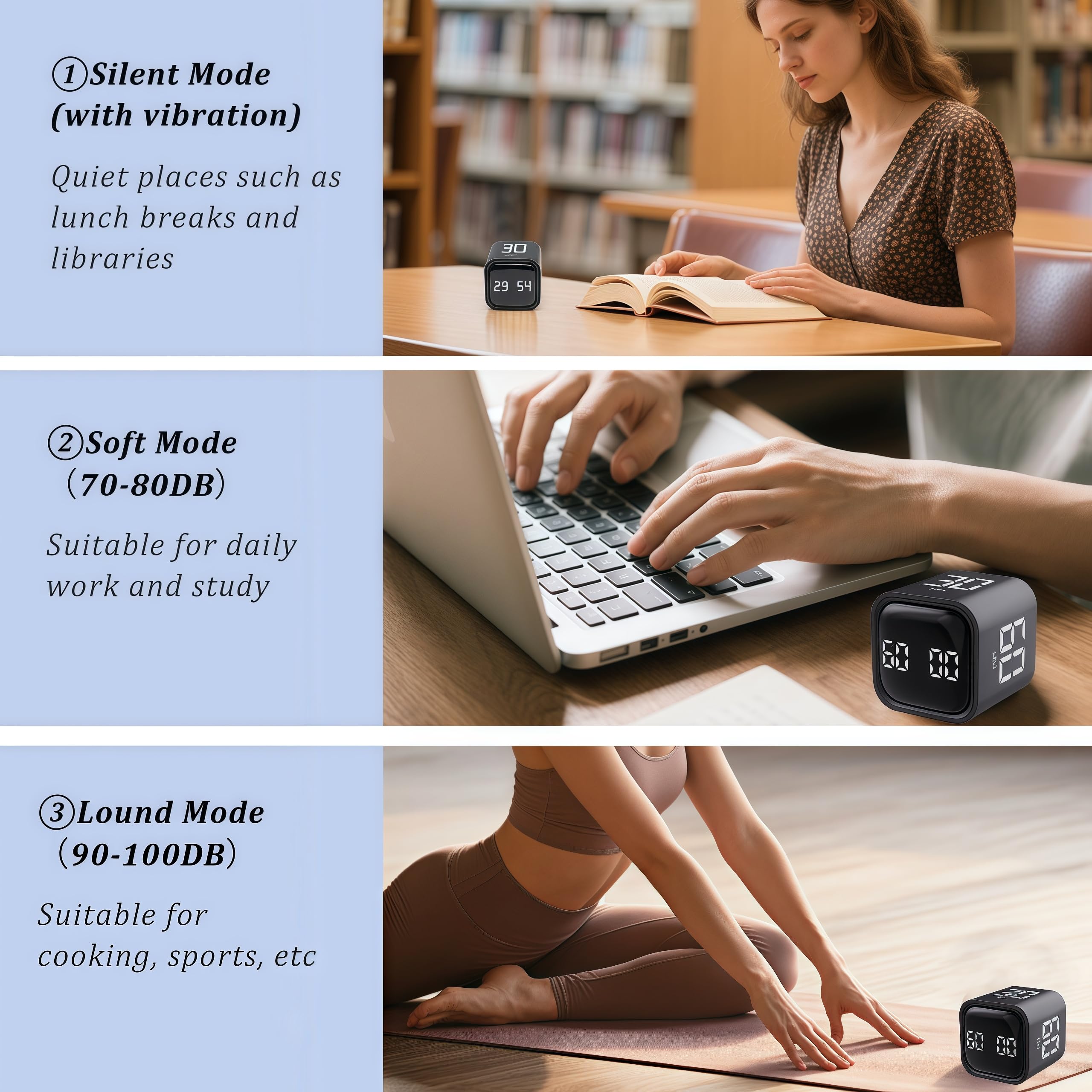 2 temporizadores giratorios Pomodoro de 5, 10, 30, 60 minutos preestablecidos, temporizador de productividad de escritorio, cronómetro de cuenta regresiva de cubo visual, modos personalizados