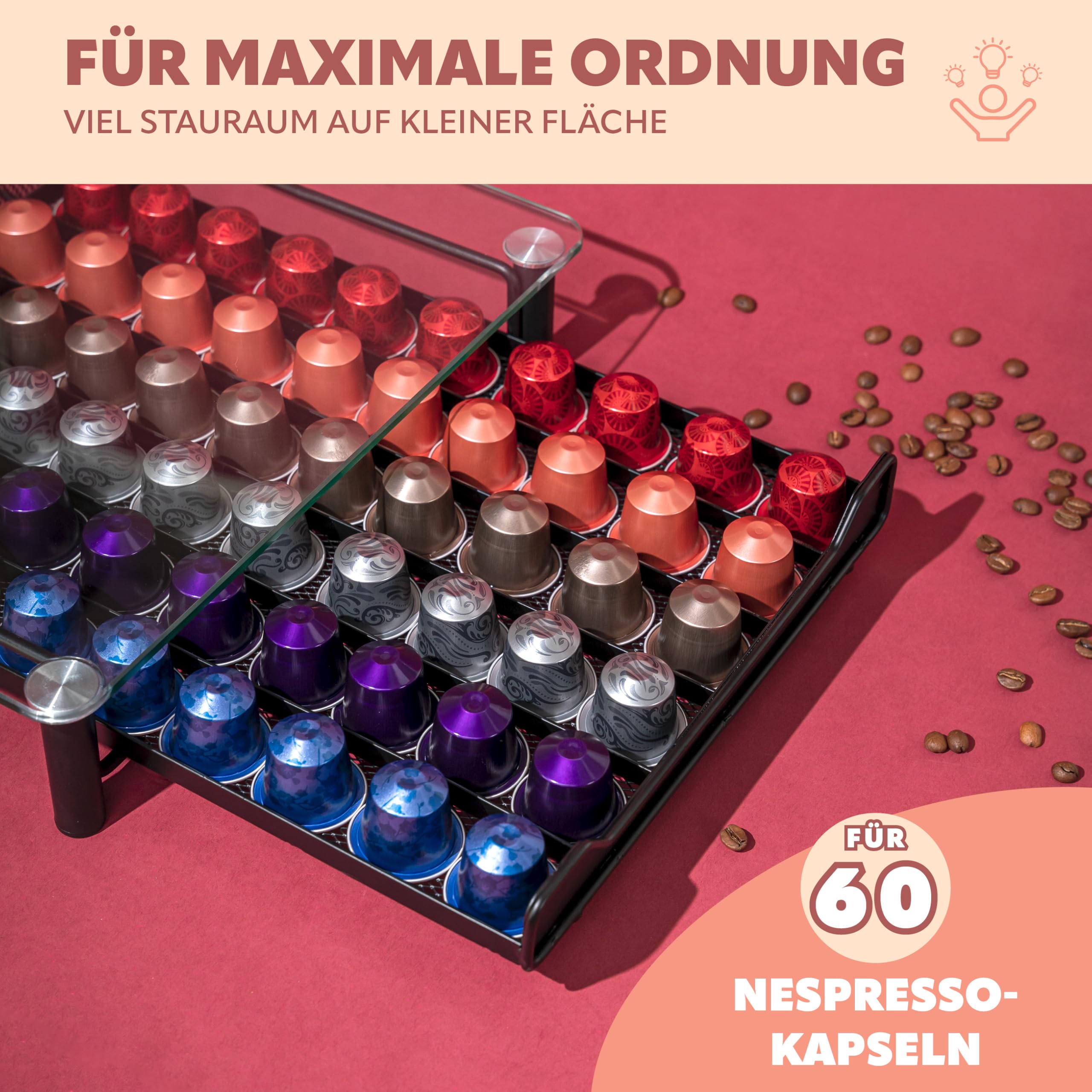 bremermann Kaffeekapsel-Box für 60x Nespresso, Schubladenbox, Metall und Glasplatte, Kapselhalter, Kapselspender ca. 31 x 7 x 40,5 cm (Transparent) Küche, Haushalt & Wohnen