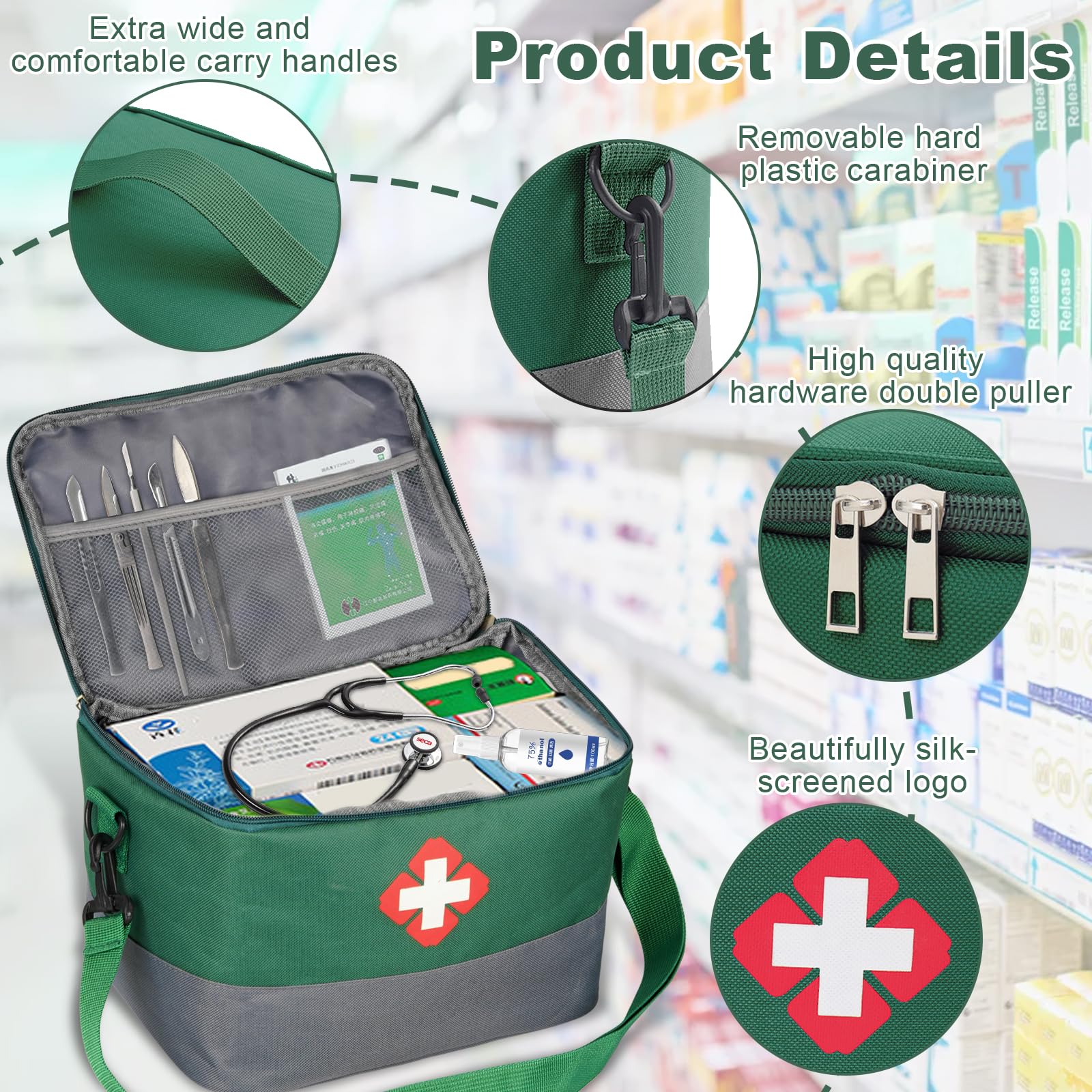 Hossom Kit di Pronto Soccorso, Borsa Medica Impermeabile con Tracolla, Borsa per Infermiere Alta capacità Porta Medicine da Viaggio Mini Scatola di Sopravvivenza per Casa, Ufficio, Esterni, Verde