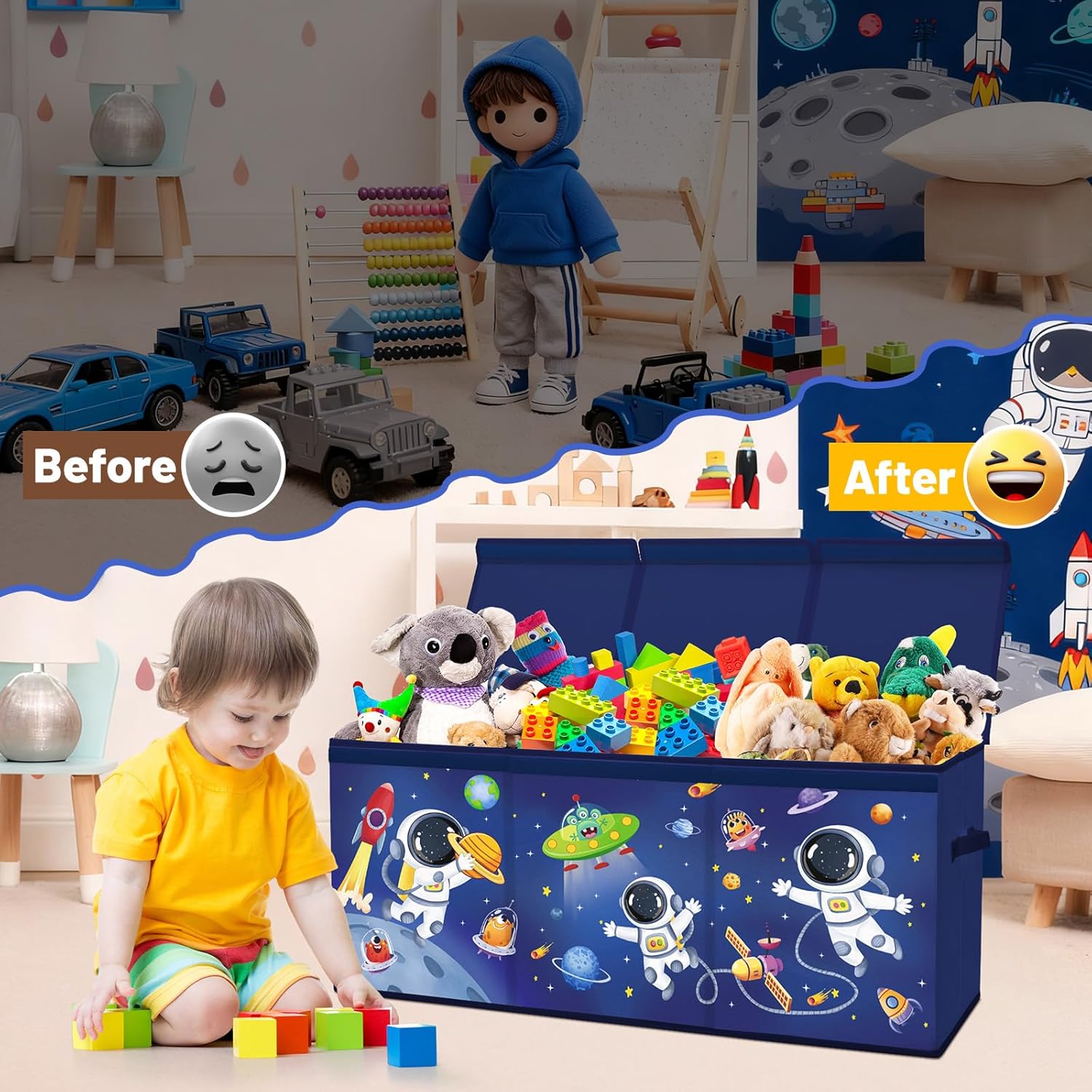 Toy Storage Bin with Lids,Extra Large Toy Box Chest with Handles for Kids Boys Girls,Collapsible Storage Organizer Box Bin Basket for Bedroom,Playroom, Nursery,37.8"x12.6" x15.7",Astronaut