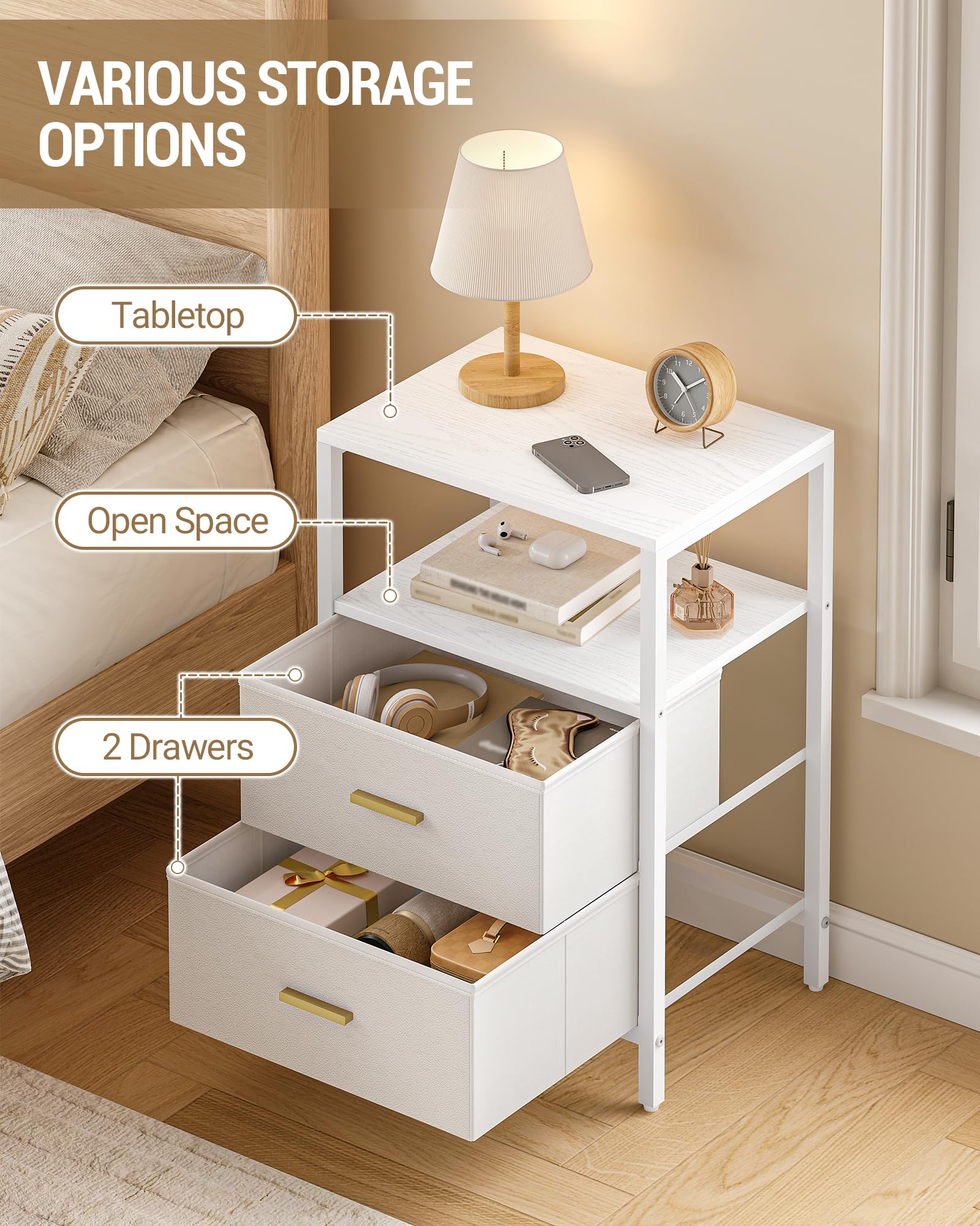 Hzuaneri Nachttisch 2er Set, Beistelltisch mit 2 Stoff-Schubladen und Regalen, Offenes Fach, Couchtisch, Nachtschrank Schlafzimmer, für Wohnzimmer, Schlafzimmer, Weiß NS30713W