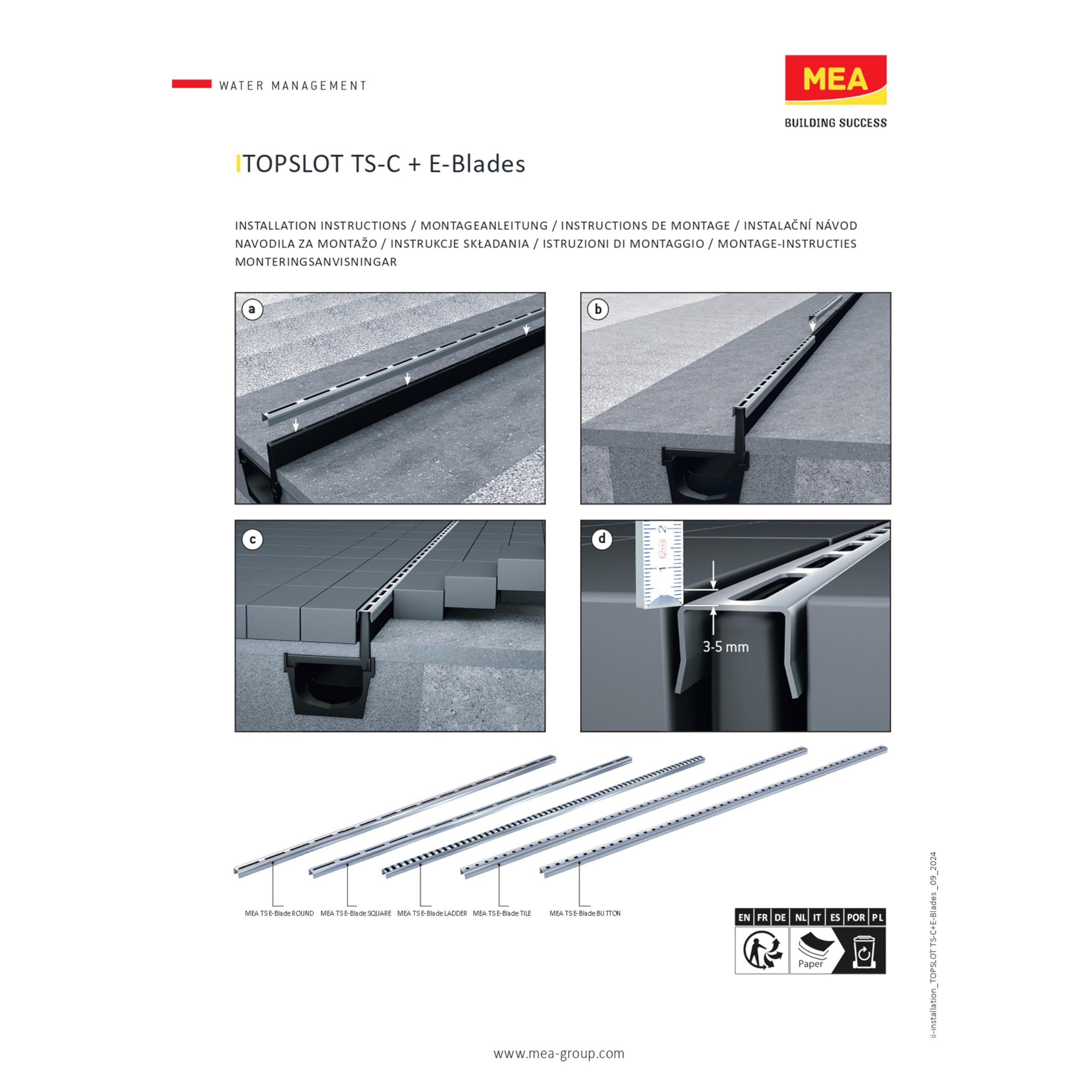 MEA Profil Couvrant E-Blade L en INOX pour Caniveaux MEAPARK à Grille à Fente en PP Recyclé – Design Dynamique avec Ouvertures en Damier – Finition Moderne