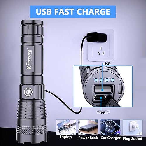 Miniatura 6 de X.Store Linternas LED recargables de alto lúmenes, paquete de 2 - 300000LM linterna LED recargable, linterna súper brillante, linternas recargables