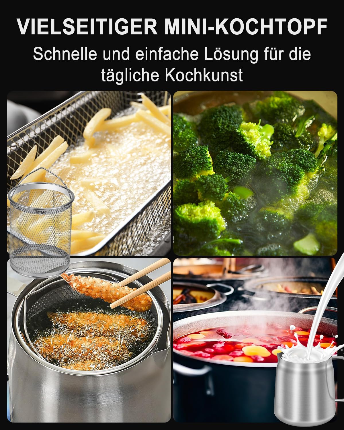POFIBO Récipient à graisse en acier inoxydable - Pot à frire de 2 l avec passoire et couvercle - Pot pour cuisiner, rôtir et tamiser l'huile - Convient pour tous les types de cuisinières