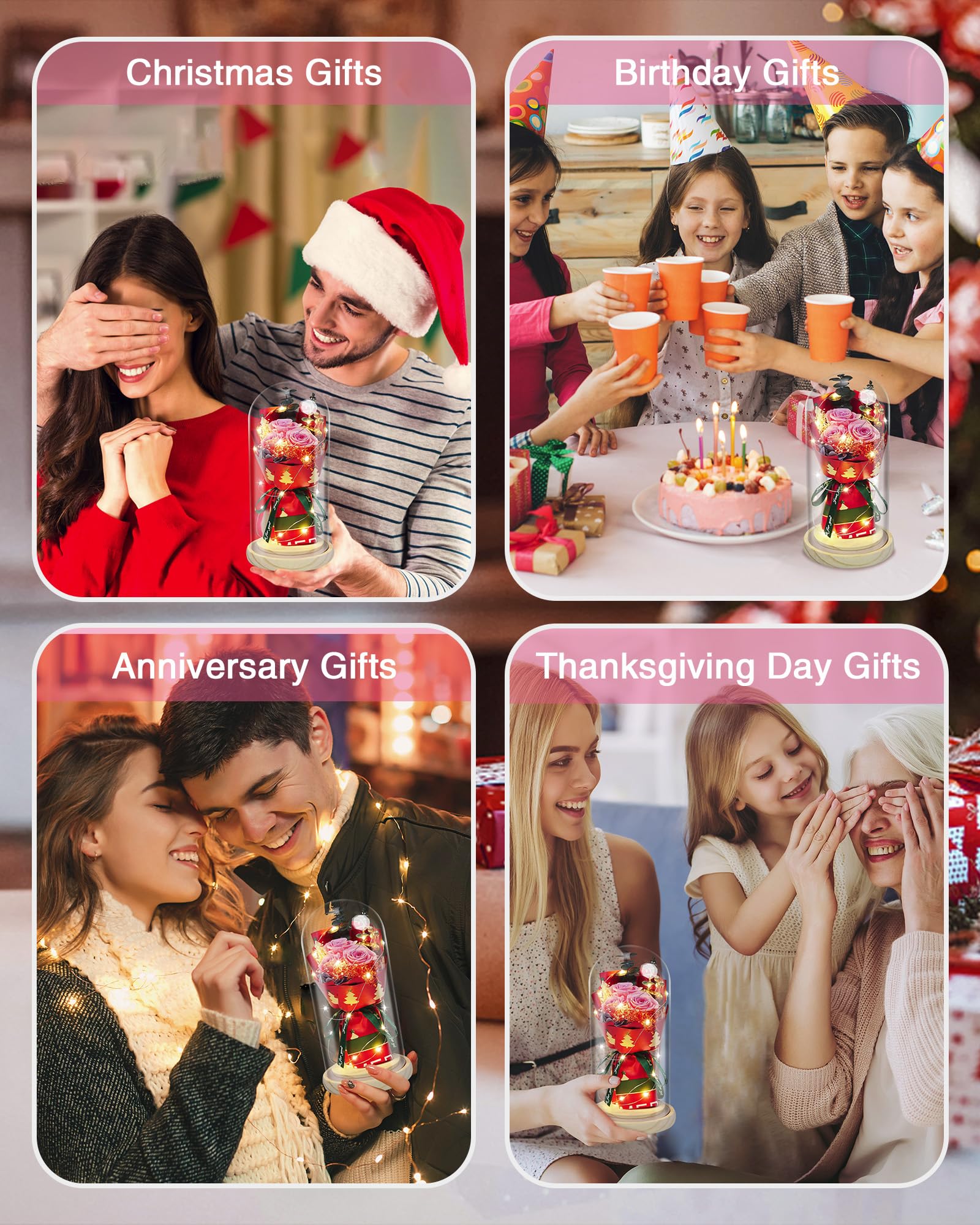 HVY Fleurs préservées en verre pour elle, bouquet de roses véritables roses avec lumière LED, rose éternelle pour femme, épouse, maman, grand-mère comme anniversaire, Noël, Saint-Valentin, fête des