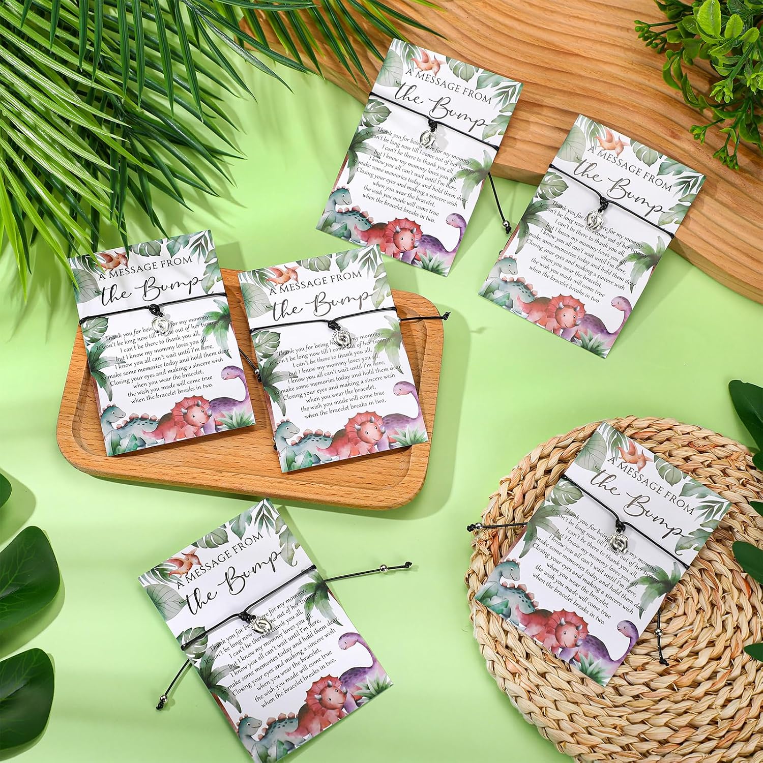 Thyle 50 Set Dinosaur Baby Shower Favors for Guests Adjustable Bracelets with Message from the Bump Card Footprints Charm Baby Shower Bracelets for Gender Reveal Thank You Gifts