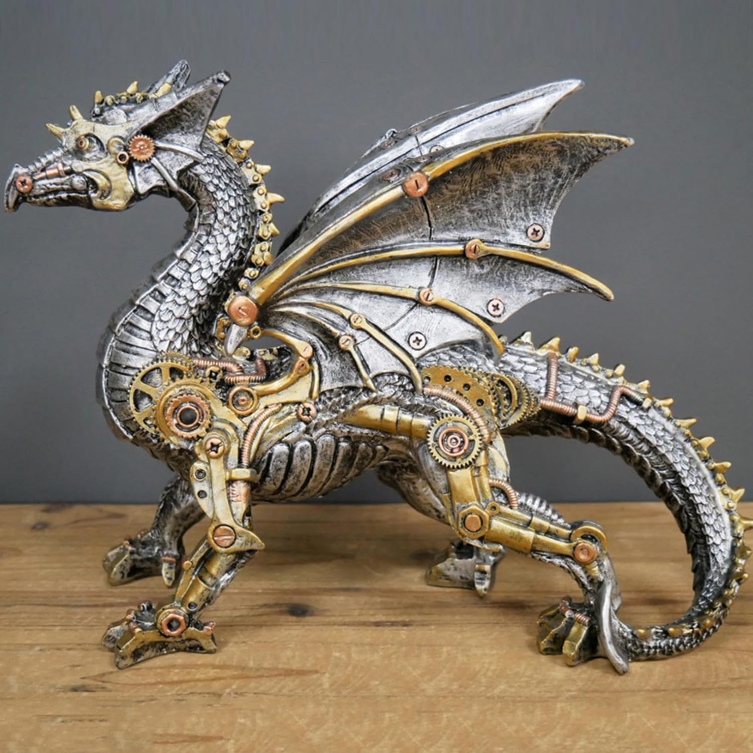 furlinkhm Dragon Statue and Carved Sculpture Mechanical Punk Style Dragon Statue Animal Statue Steampunk Modern Home Decor Resin Statue for Coffee Table, Living Room, Entrance, Shelf Decor (Dragon)