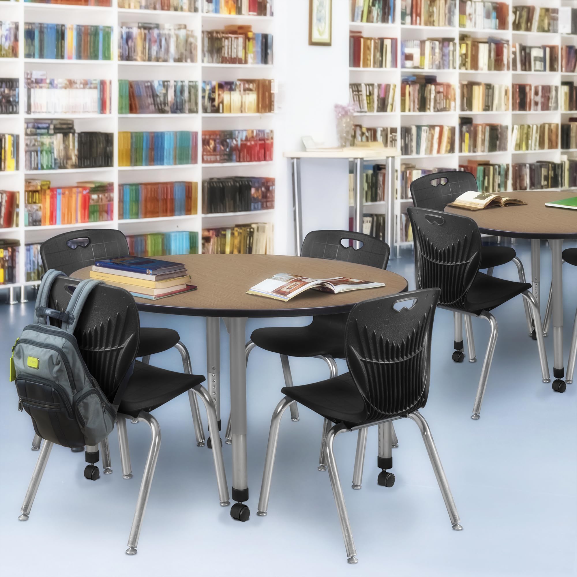 Regency Kee 48 in. Round Mobile Adjustable Classroom Table- Noble Oak Top, Grey Base & 4 Andy 18 in. Black Stack Chairs