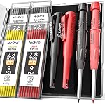 Nicpro CP3000 Crayon de menuiserie avec épurateur, 2 Crayons de menuiserie mécanique pack avec 38 Recharges, marqueur de trous profonds pour la construction, outils de menuiserie lourde pour le marquage d'architecte (noir, rouge)