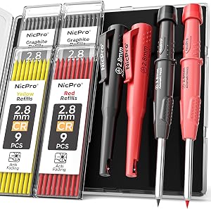 Nicpro CP3000 Carpenter Pencil with Sharpener, 2 Pack Mechanical Carpenter Pencils with 38 Refills, Deep Hole Marker for Construction, Heavy Duty Carpenter Tools for Architect Marking (Black, Red)