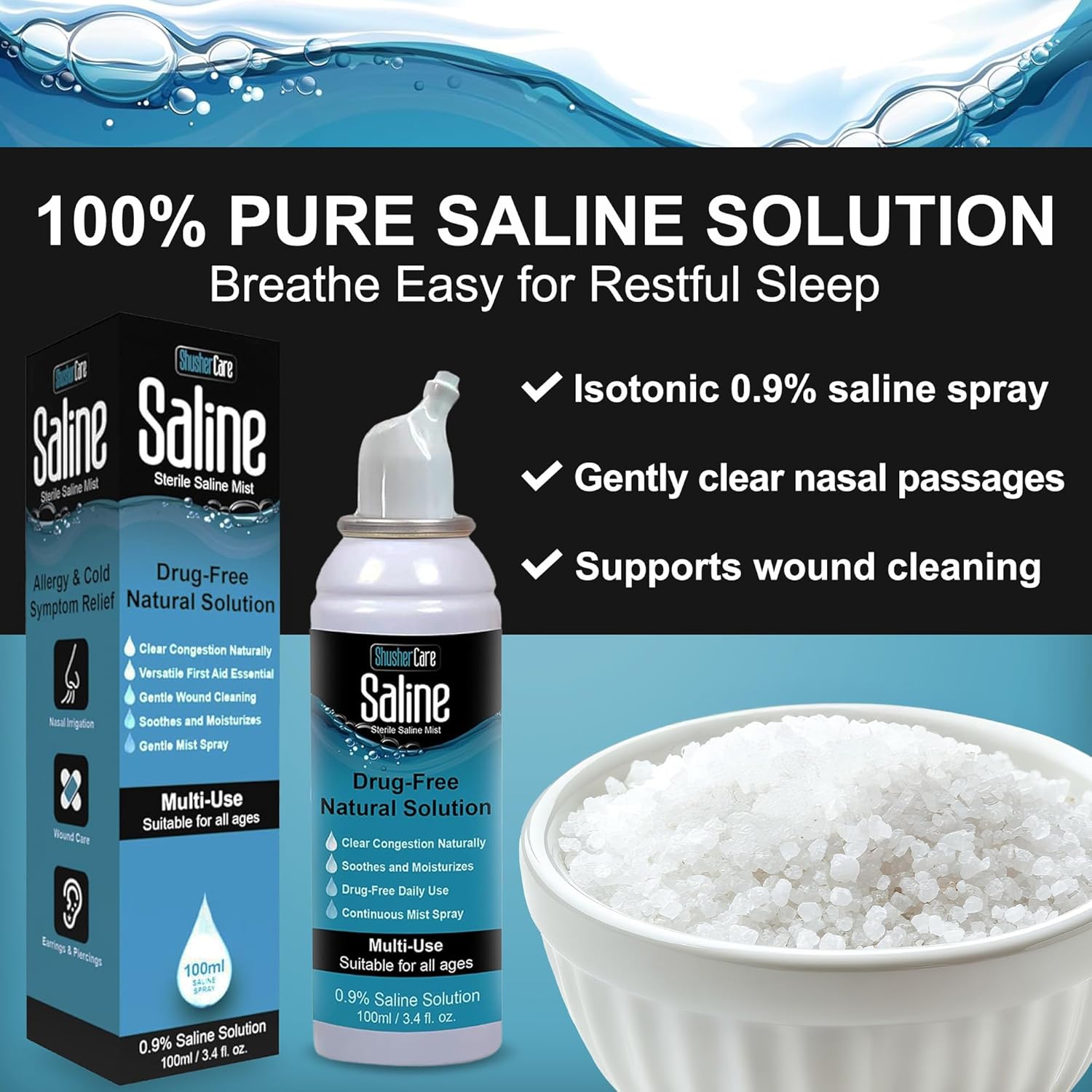 Shusher Care Saline Spray for Nose - Nasal Spray Saline Solution for Newborn, Baby & Adults, Salt Water Decongestant Mist for Stuffy Nose, Travel Friendly, Natural, 0.9% Saline - 100 ml (Pack of 3)