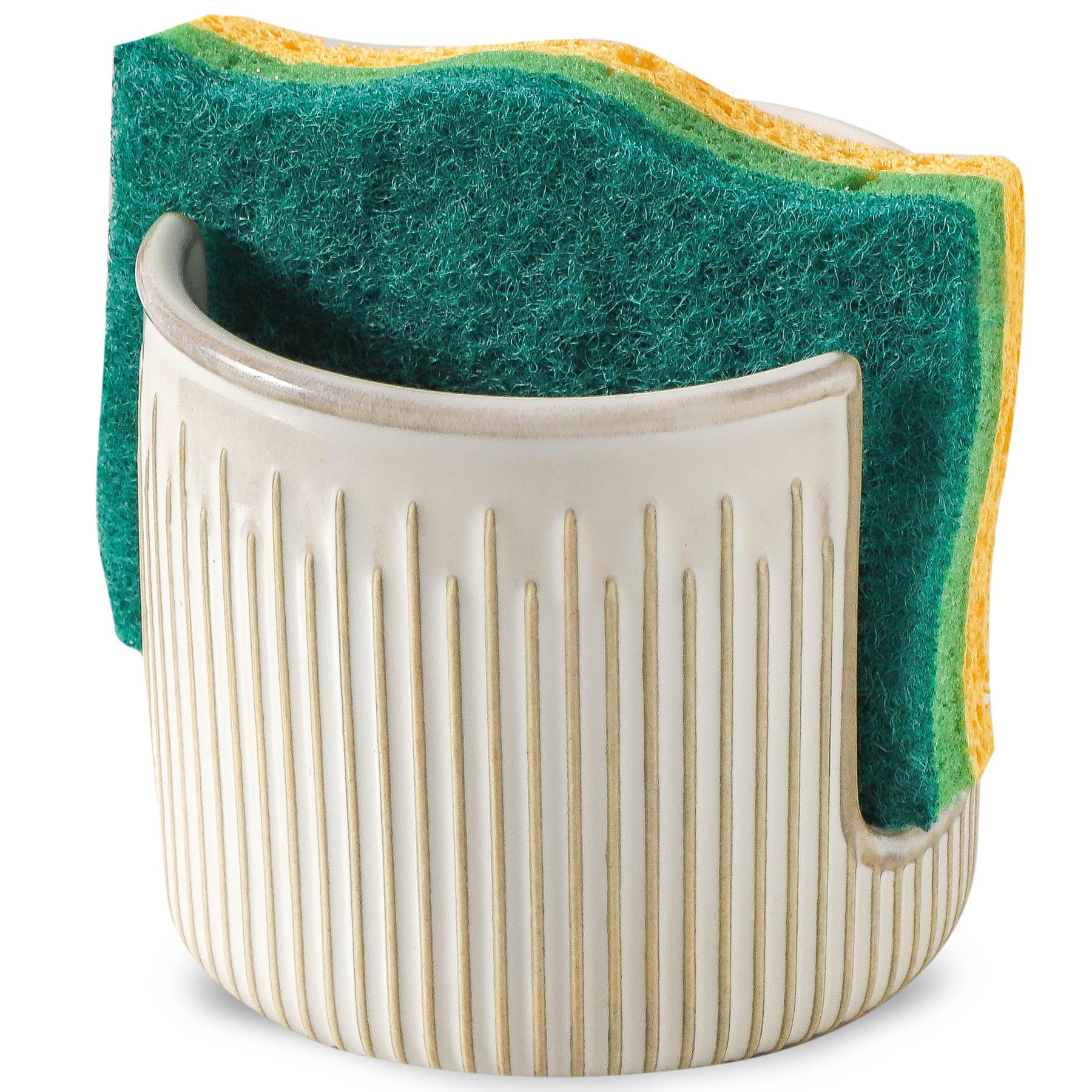 Ceramic Sponge Holder for Kitchen Sink Scrub Sponge Dish Rack Farmhouse Compact Sink Caddy Organizer Glazed White