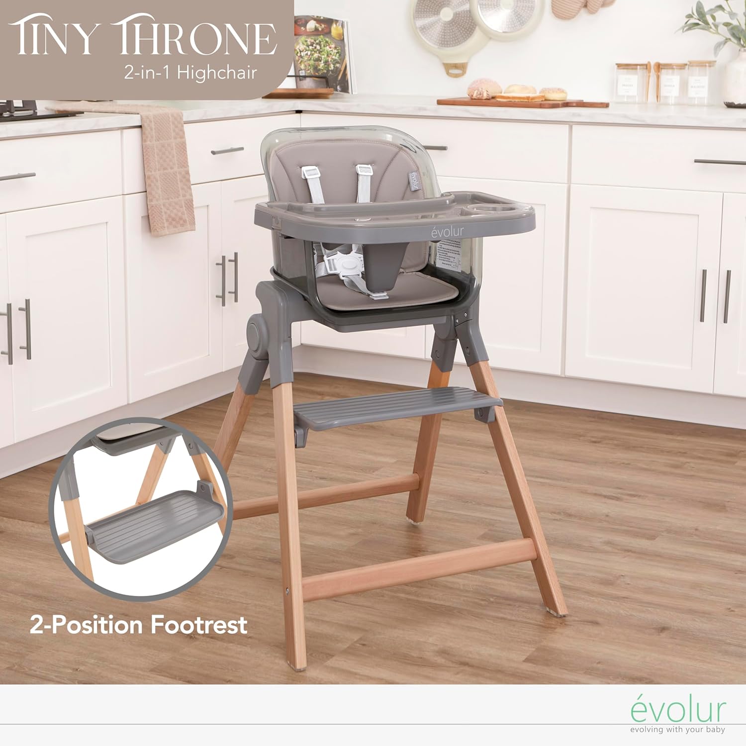 Evolur Tiny Throne 3-in-1 Convertible High Chair, Removable & Dishwasher Safe Tray, Converts to Booster Seat & Adult Stool, Easy-to-Clean Feeding Solution – Fossil Gray