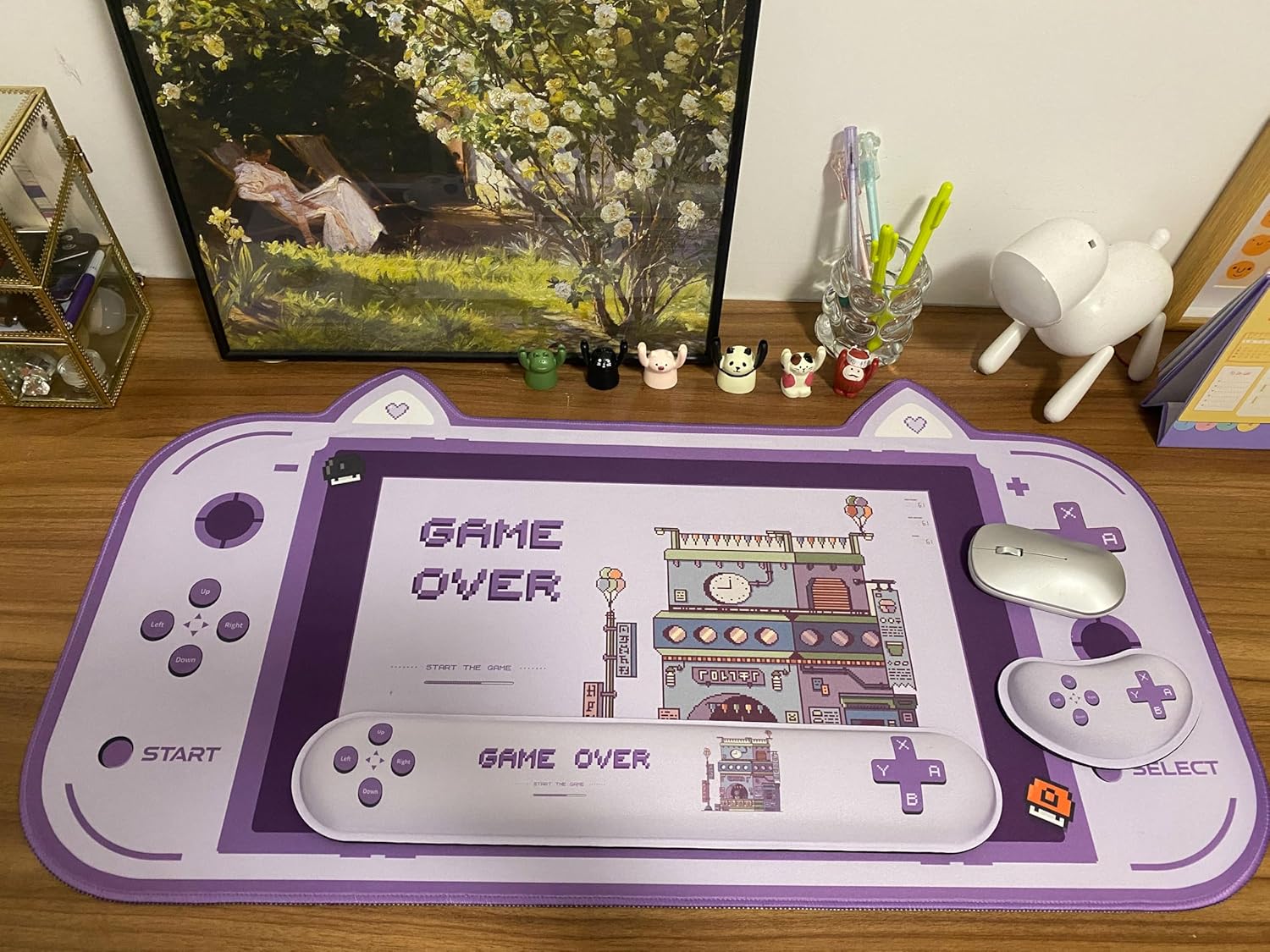 4-in-1 Large Gaming Mouse Pad, Keyboard Wrist Rest Pad & Wrist Support Mousepad Set,Pastel Game Over Mousepad, Cute Extended Desk Pad Waterproof Desk Mat for Home Office Study Game-Purple