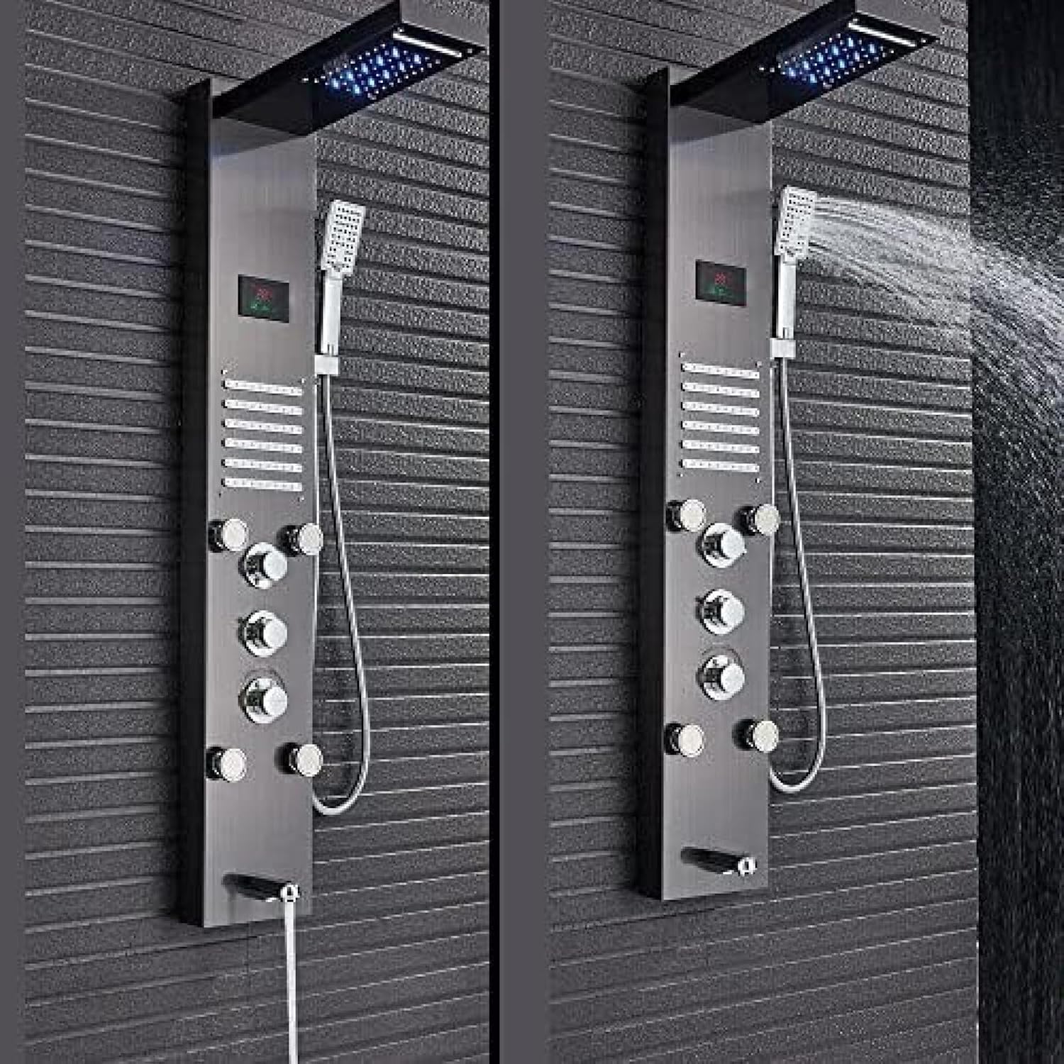 Shower System, Shower Panel Tower System Led Rainproof and Waterfall Massage Jet Spraye Stainless Steel Shower Column-Brushed Gold,Brushed Nickel(Brushed Nickel) (Black)