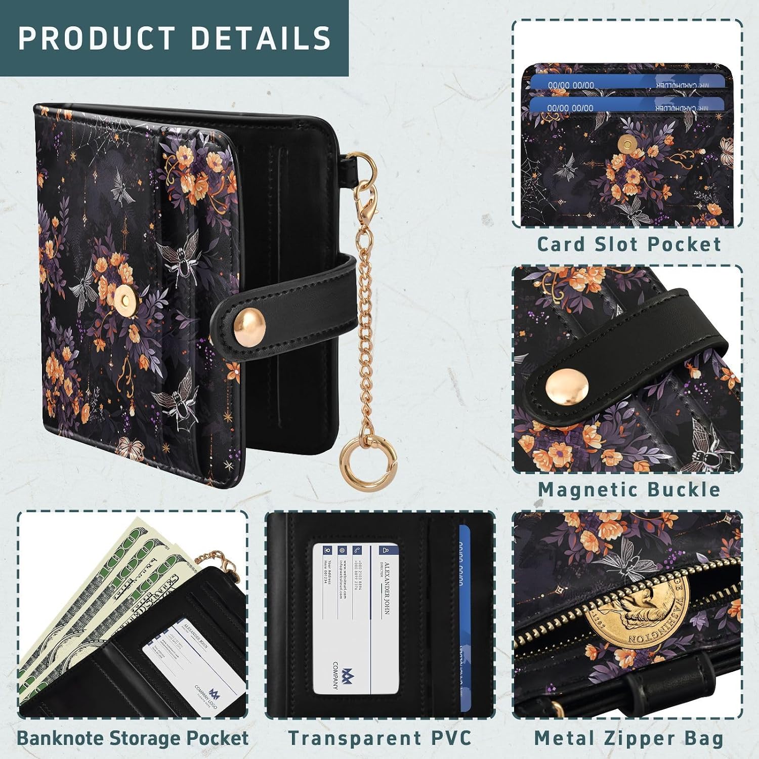 visesunny Spider Web Flower Halloween Women's Wallets RFID Blocking,Credit Card Holder Bifold Wallet,Slim Card Cases,PU Leather Travel Wallet for men Girls