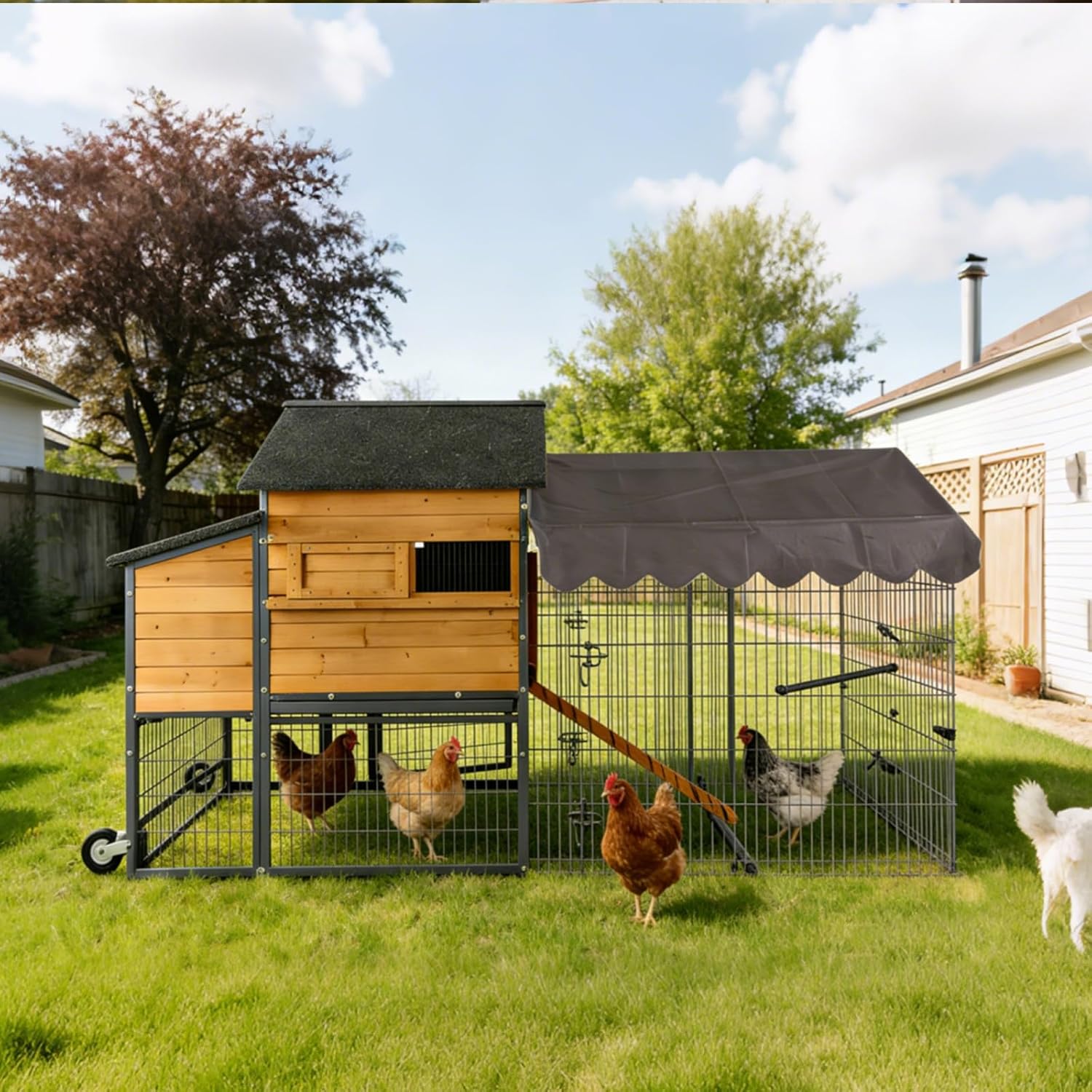 GUTINNEEN Extra Large Mobile Chicken Coop with Wheels, Large Outdoor Hen House with Run for 4-6 Chickens, Wooden Poultry Cage with Nesting Box, Metal Sliding Tray, Waterproof Cover