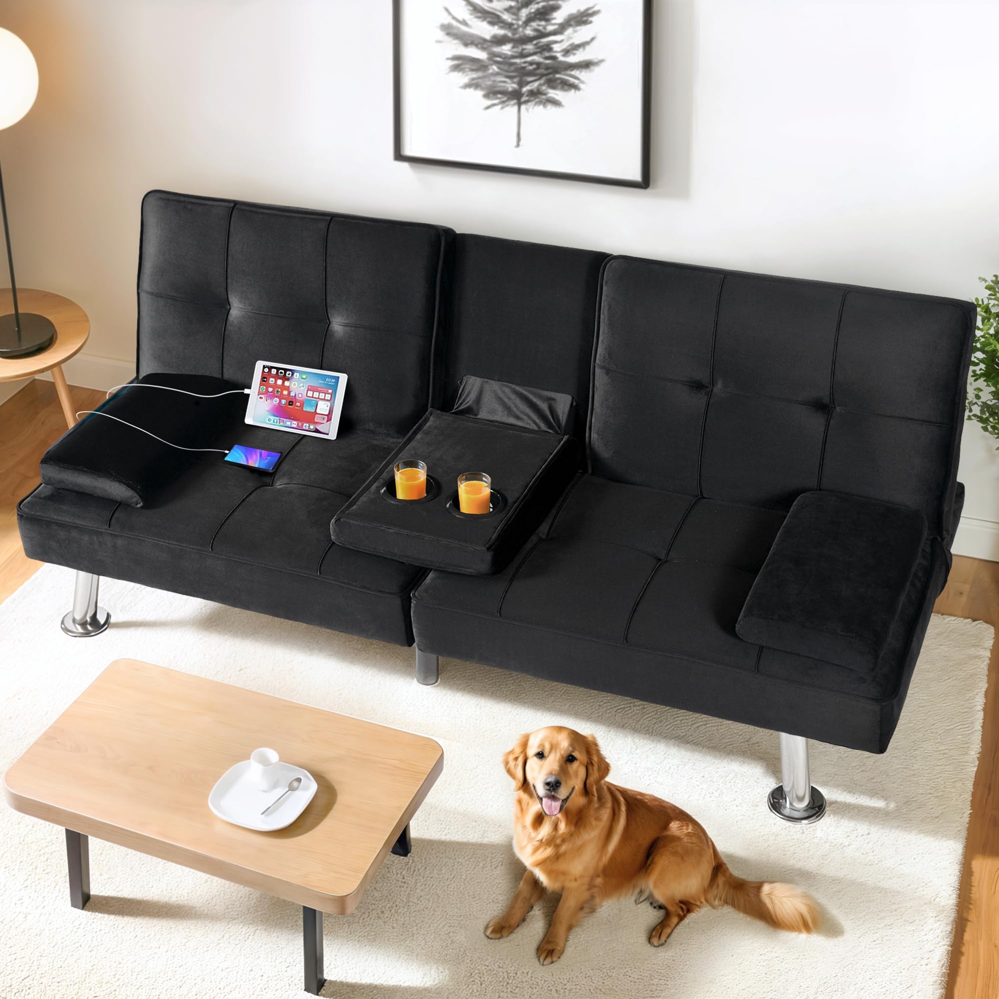 FLEXISPOT XCT3 Futon Sofa Bed with USB & Type-C Charging Port, Convertible Sleeper Couch with Adjustable Backrest, Folding Loveseat for Small Space, Living Room, Guest Room, Apartment (Velvet, Black)