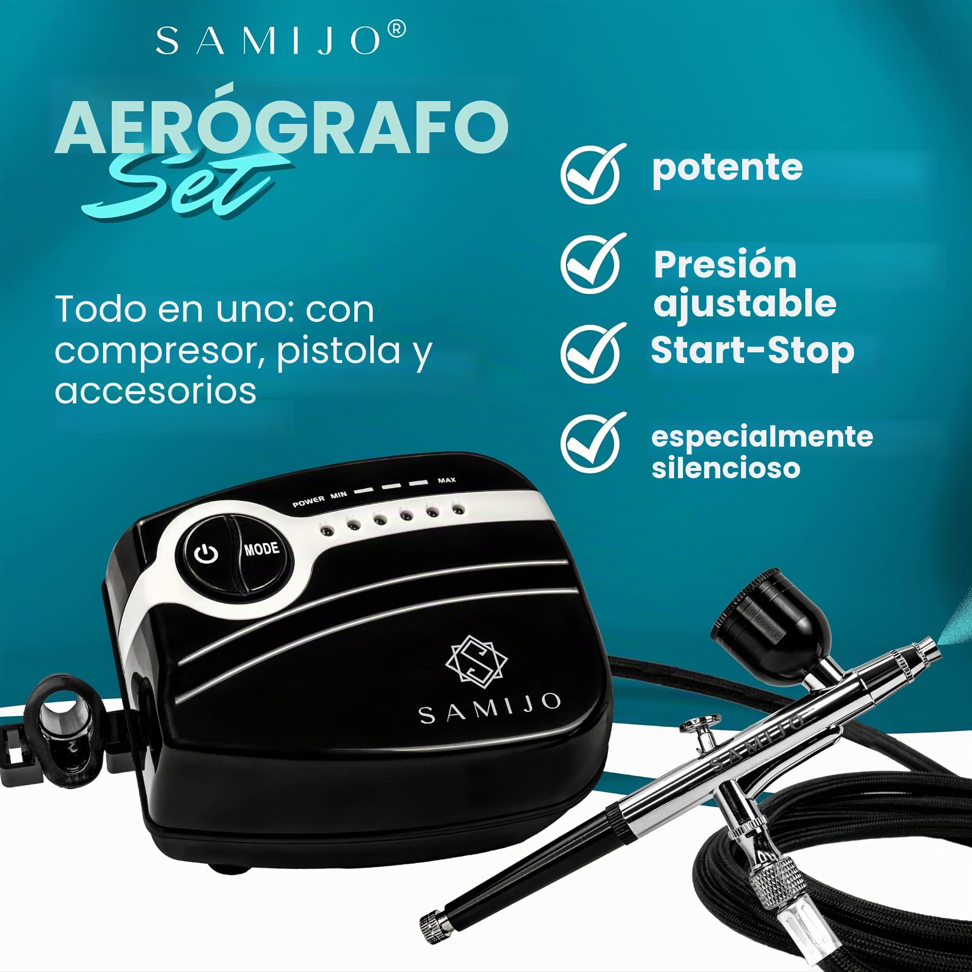 SAMIJO Juego de aerógrafo con compresor, silencioso, compacto, versátil, kit de aerógrafo para principiantes, incluye [plantillas de bricolaje] tu juego completo para modelismo, piel, uñas y mucho más