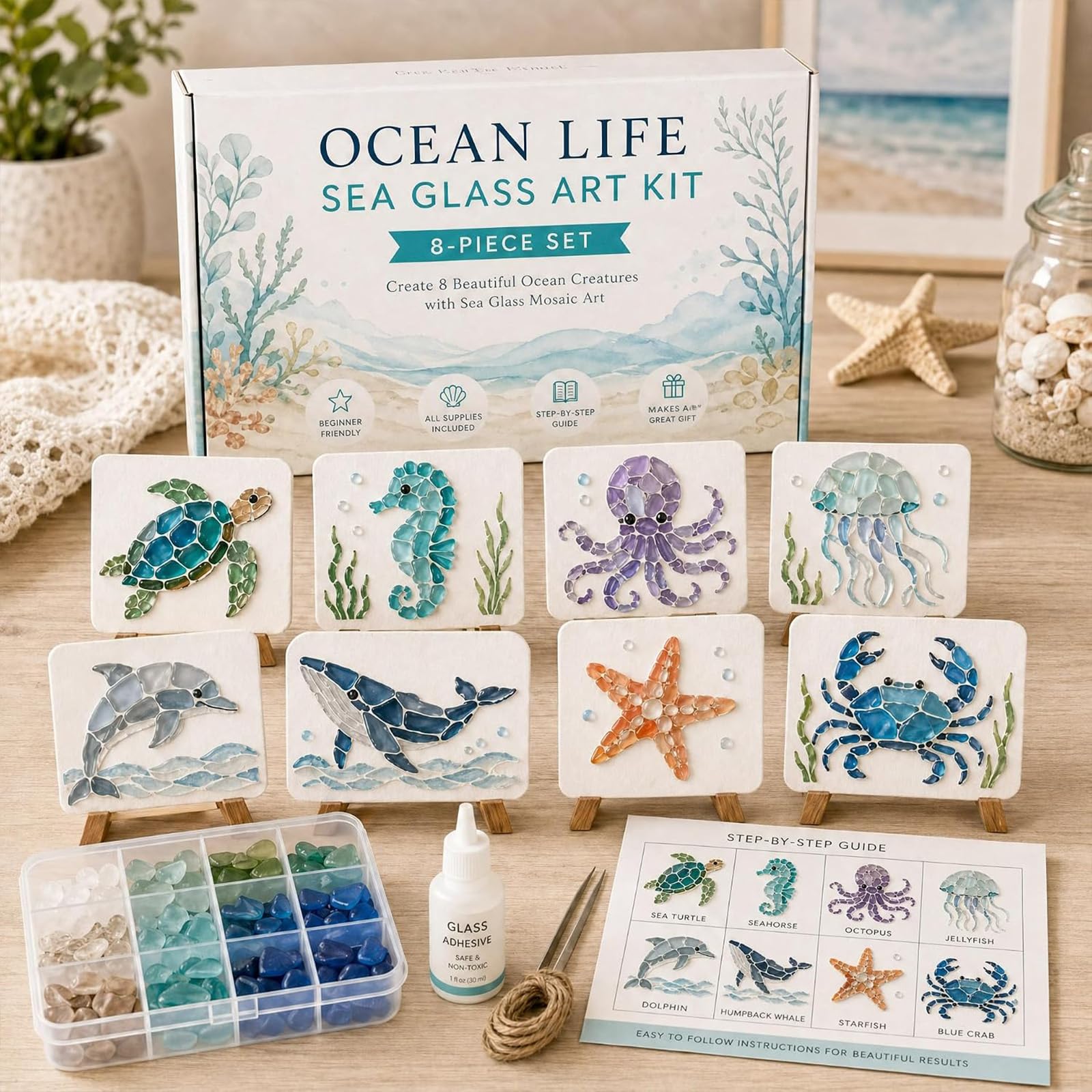 ELMVAR DIY-Set für Meerglas-Mosaikkunst, Set mit Meeresschildkröten-Motiv, Bastelset im Ozean-Design mit bunten Glasstücken (SetＡ)