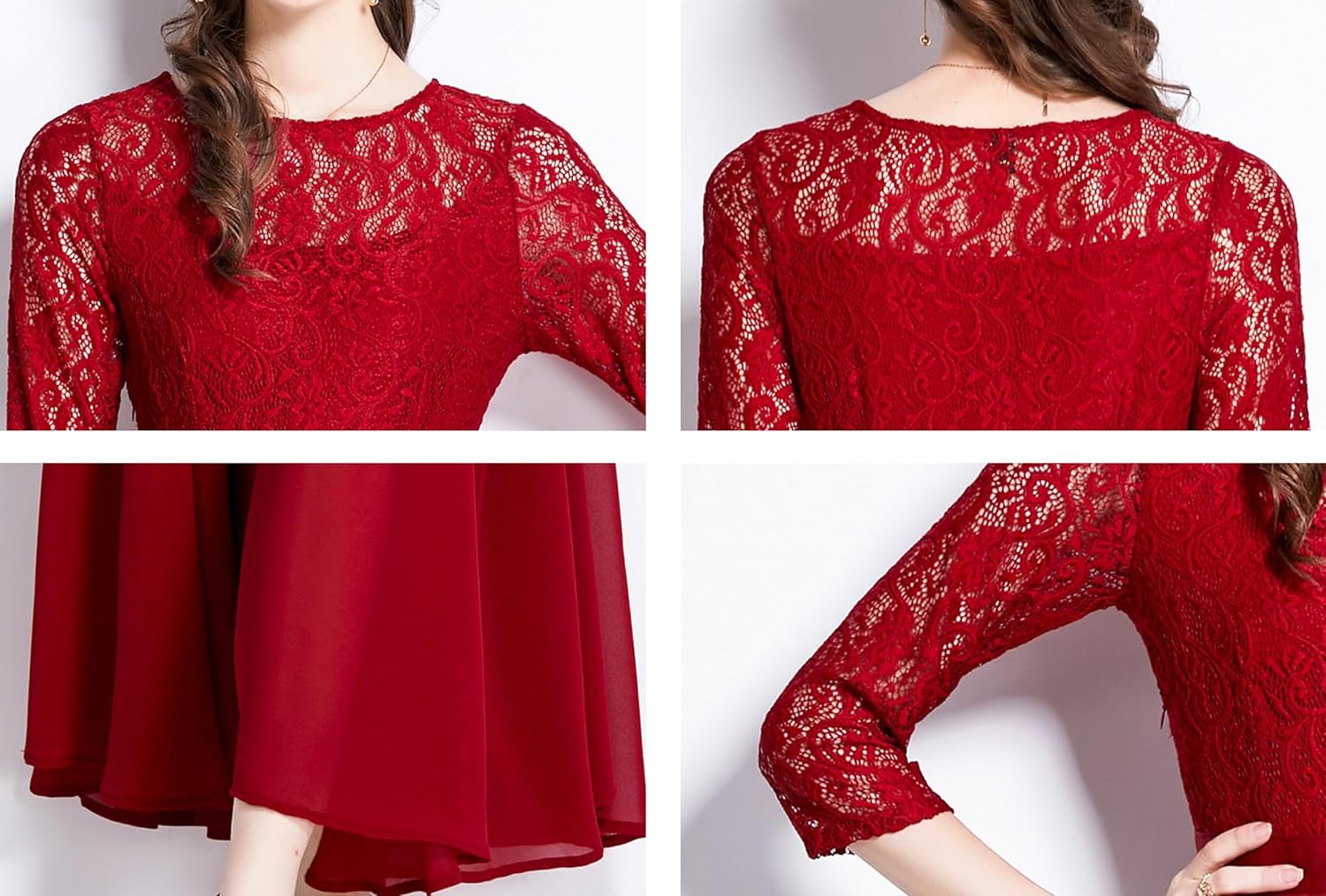 LAI MENG FIVE CATS Women's Flowy Floral Lace Short Sleeve Round Neck Evening Dress - Image 8