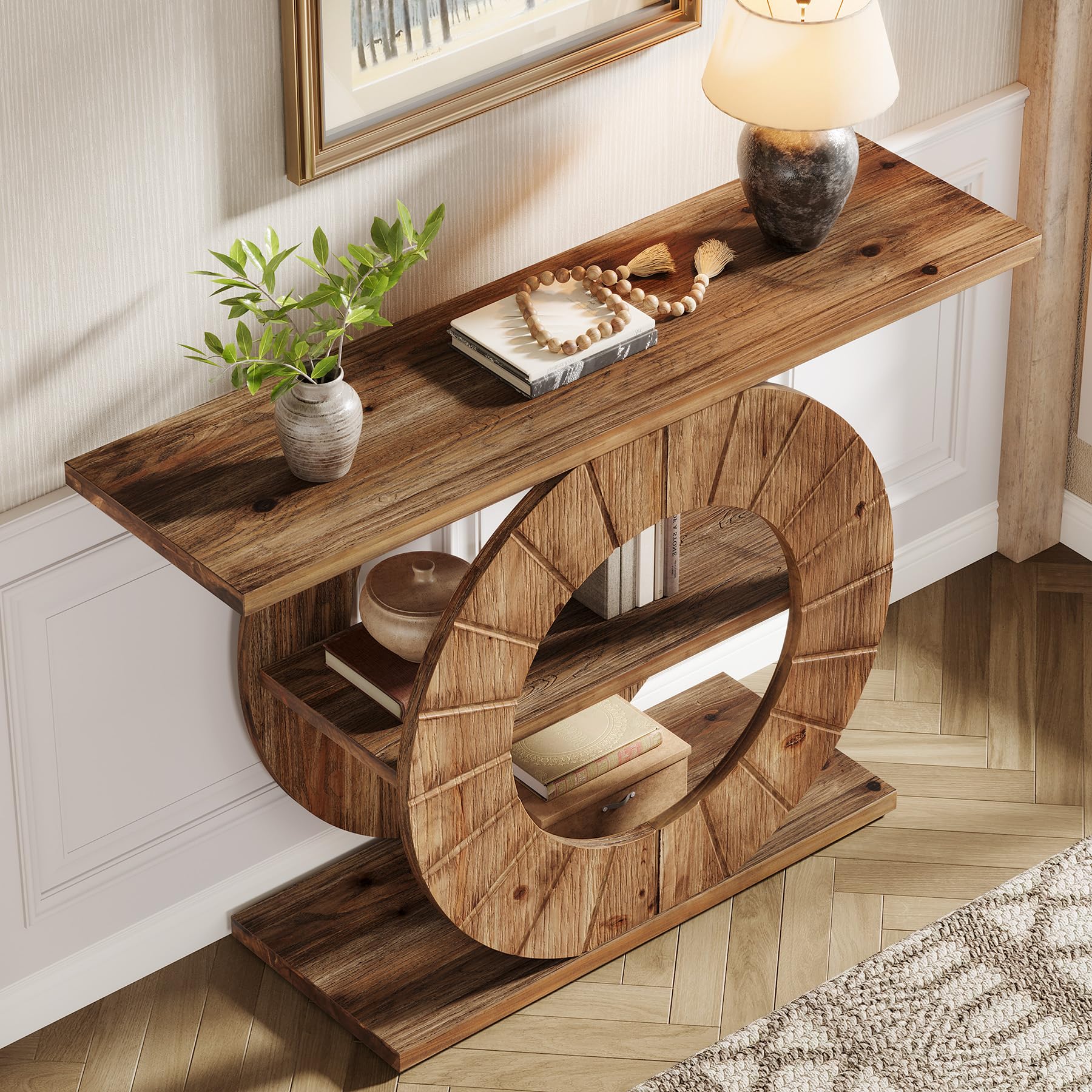 Table Console en Bois Massif 105 cm, Table d’Entrée Rustique à 2 Niveaux avec Rangement, Table Canapé Étroit pour Salon, Couloir & Hall