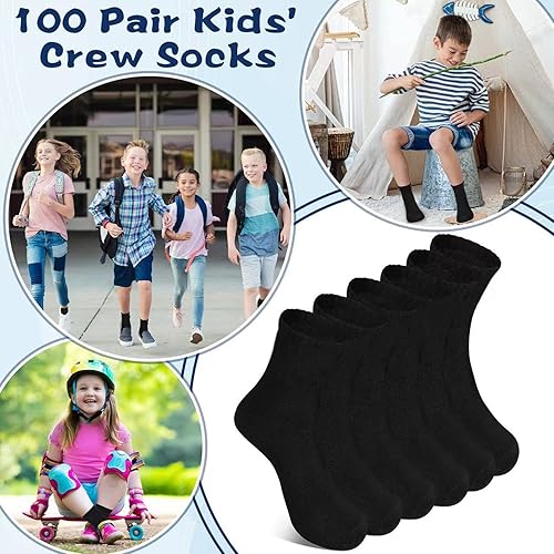 Miniatura 7 de Hanaive 100 pares de calcetines negros unisex de algodón elástico suave y cómodo para niños, calcetines de vestir de baloncesto y fútbol, calcetines