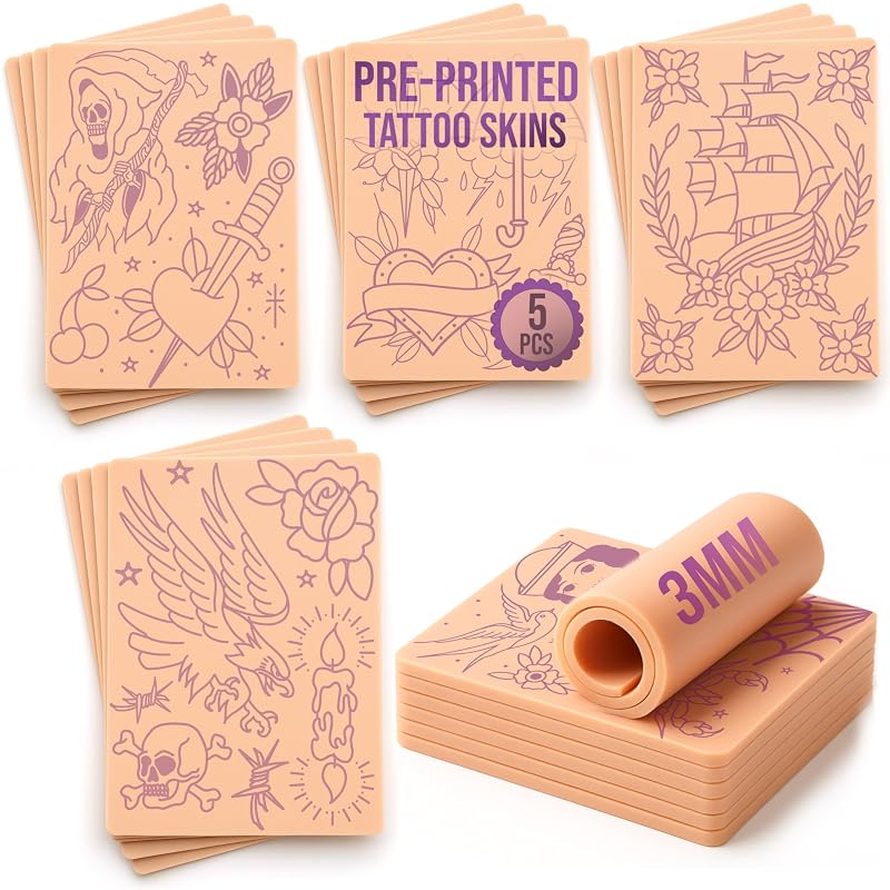 Stencil Skins 5 películas sintéticas pré-impressas para prática de tatuagem, 3 mm, conjunto Traditional, tipo Normal