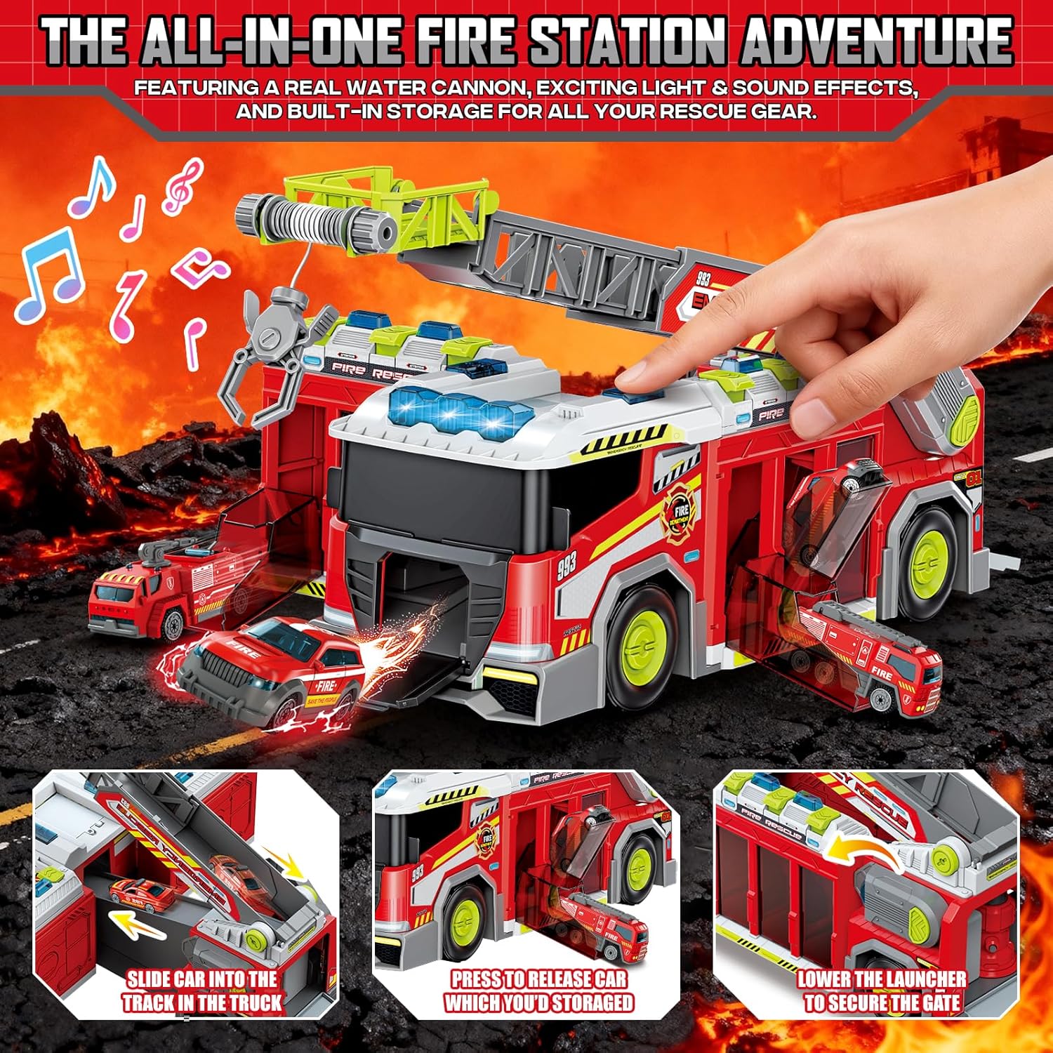 deAO Fire Truck Toy Playset with Water Pump Loudspeaker Six-Wheel Mini Vehicle Retractable Ladder Christmas Birthday Gifts for Boys Girls Toddlers 3+