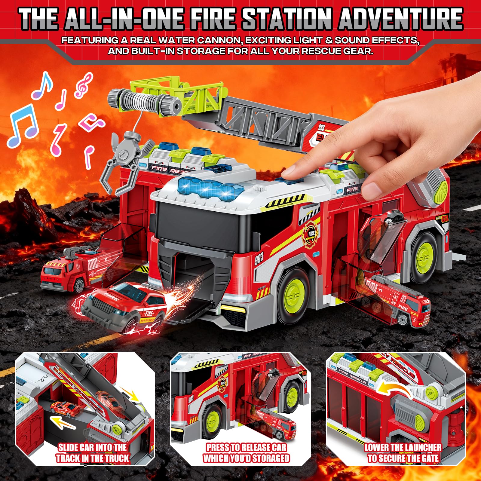 deAO Camion Pompieri 7 Veicoli, Scala Allungabile Spruzza Acqua 3+ Anni | Camion dei Vigili del Fuoco con Luci e Suoni, Caserma Pompieri 2 in 1 con Garage, 1 Grande + 6 Mini Veicoli, Regalo per Bambi