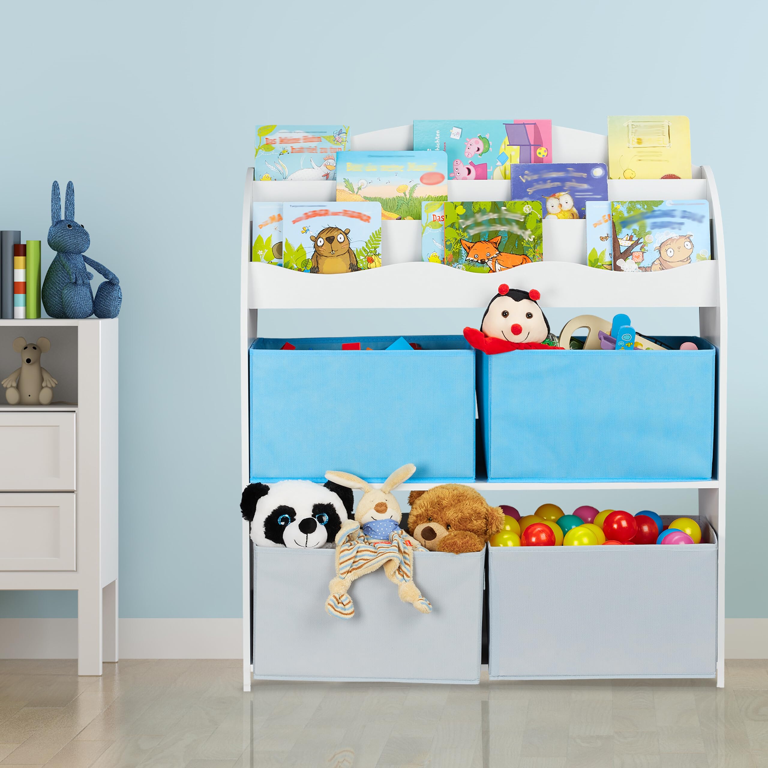 Relaxdays Estantería Infantil, 4 Cajas Tela, Mueble Juguetes, Librería Niños, 98 x 82,5 x 30 cm, Animales, Multicolor