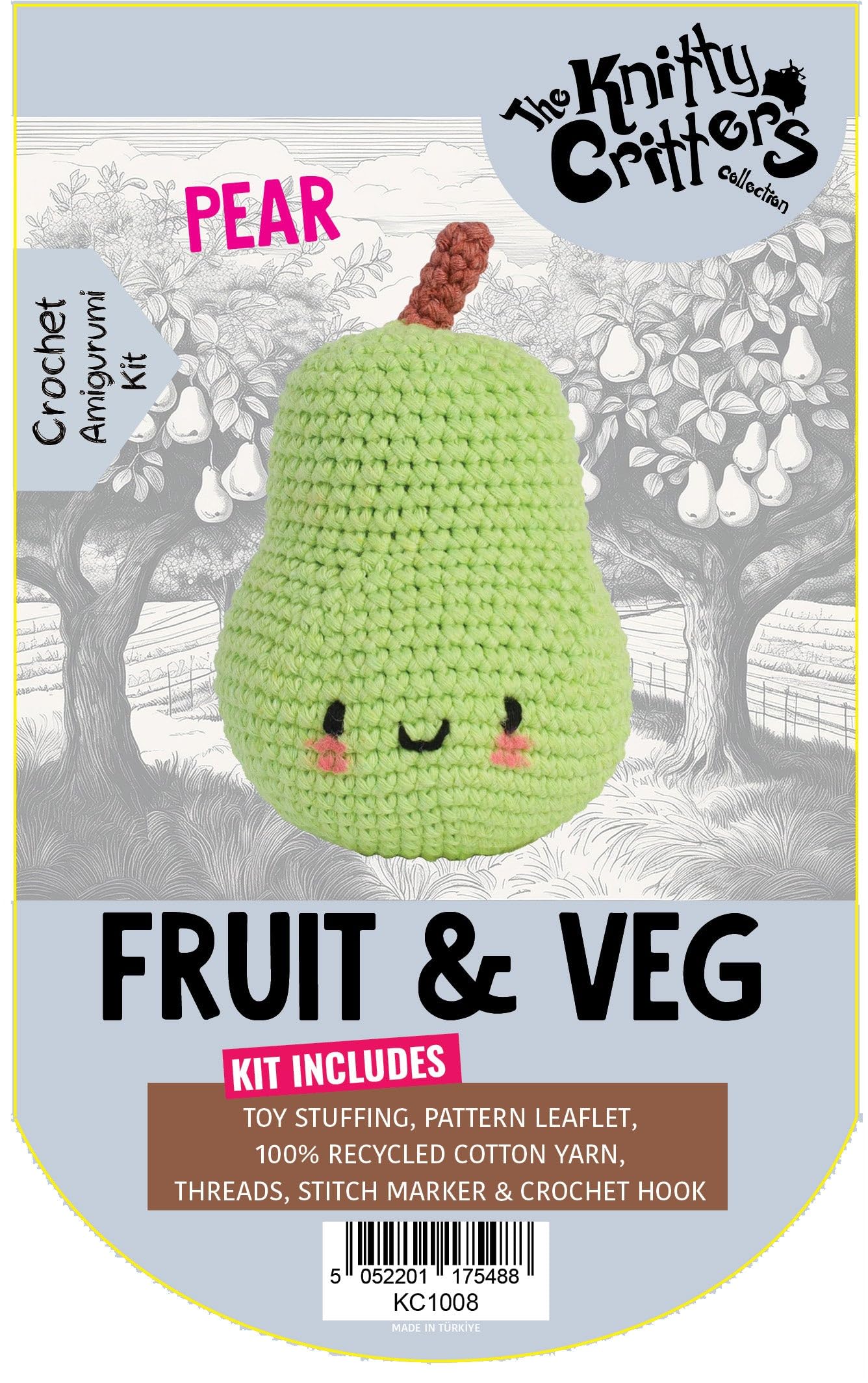 KNITTY CRITTERS – Fruit and Veg Crochet Kit – Pear| Beginner-Friendly Crochet Craft Kit with Recycled Yarn