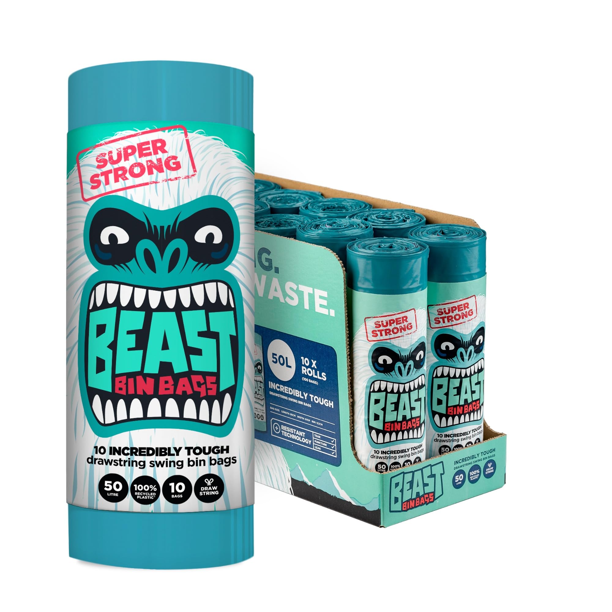 BEAST BIN BAGS, 10 Rolls of 10 x 50 Litre Bags (Total 100 Bags) - Made From 100% Recycled LLDPE - Incredibly Strong Drawstring Swing Blue Bin Bags