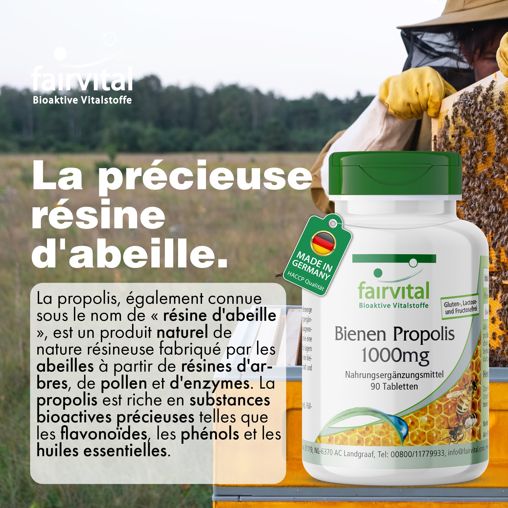 fairvital Propolis d'abeille 1000mg, extrait naturel de résine d'abeille, avec 3% de galangine, HAUTEMENT DOSÉ, 90 comprimés