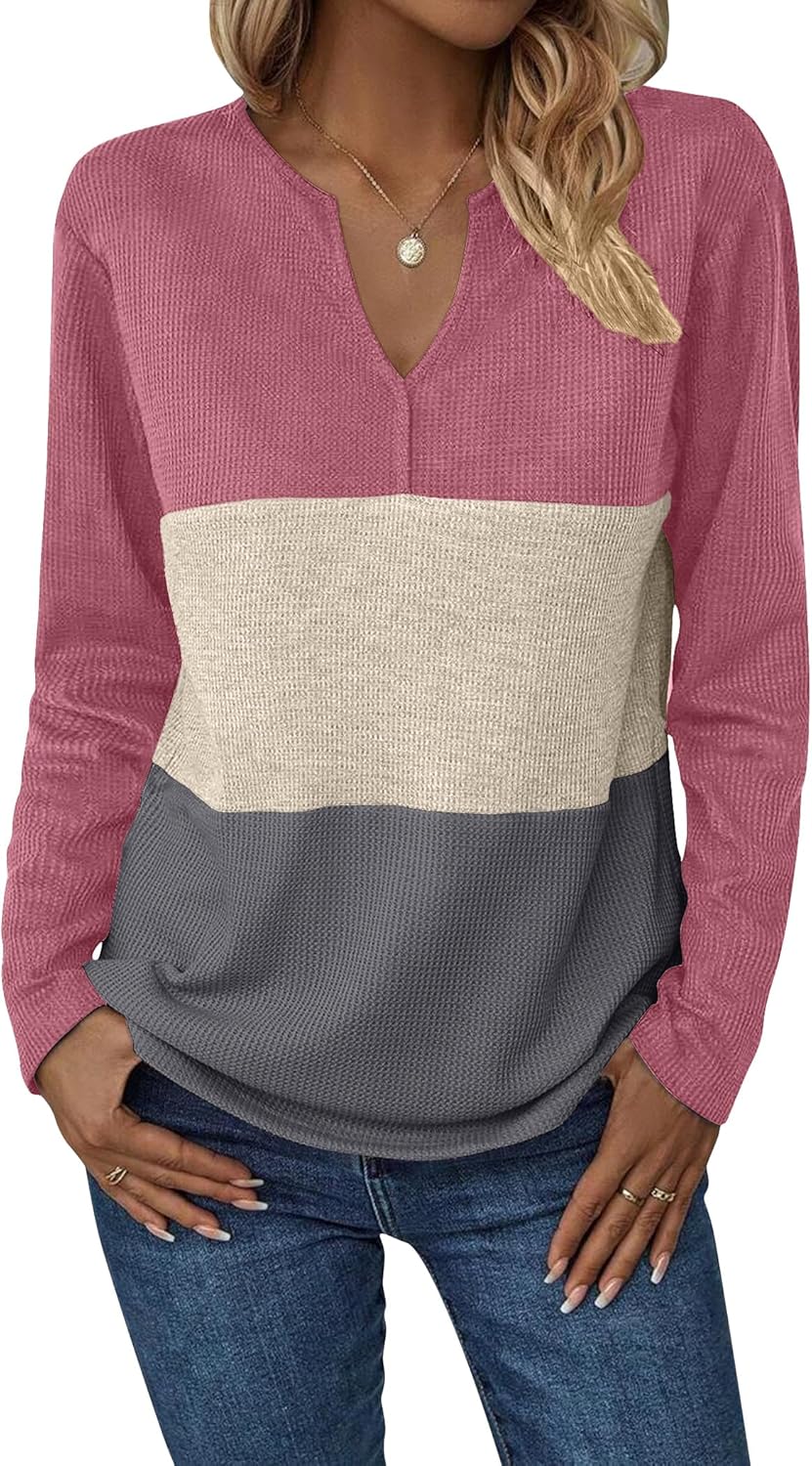 Zeagoo Women's Waffle Shirts V Neck Long Sleeve Tops Color Block T-Shirts Casual Pullover Tunics 2025 Fashion Basic Tees