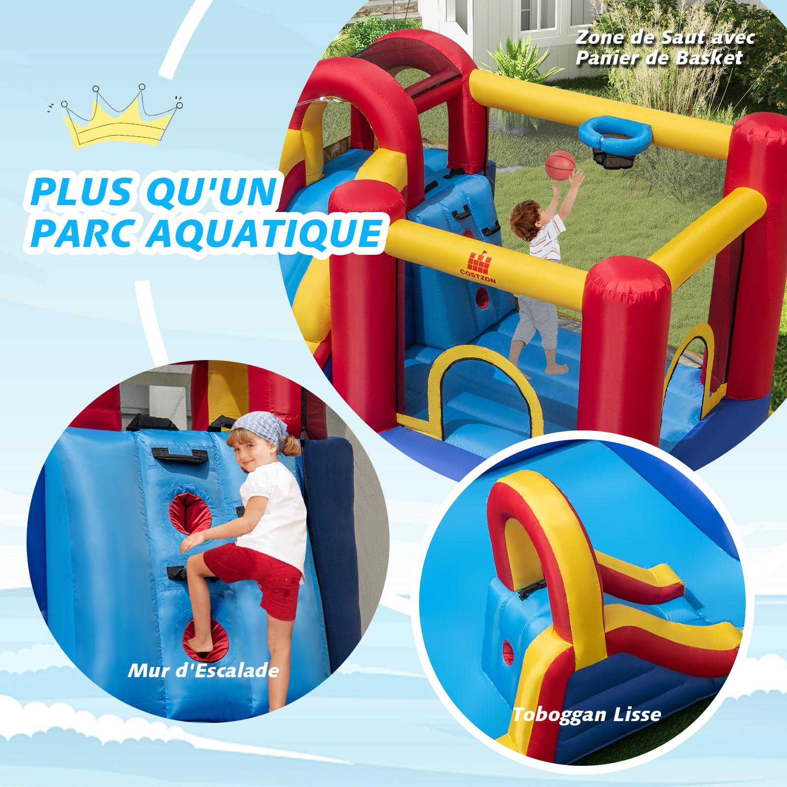 COSTWAY Château Gonflable avec 2 Toboggans et Maison de Saut, Aire de Jeux Gonflable avec 2 Piscines et Panier de Basket, Mur d'escalade, Intérieur Extérieur jusqu'à 3 Enfants de 3-12 Ans