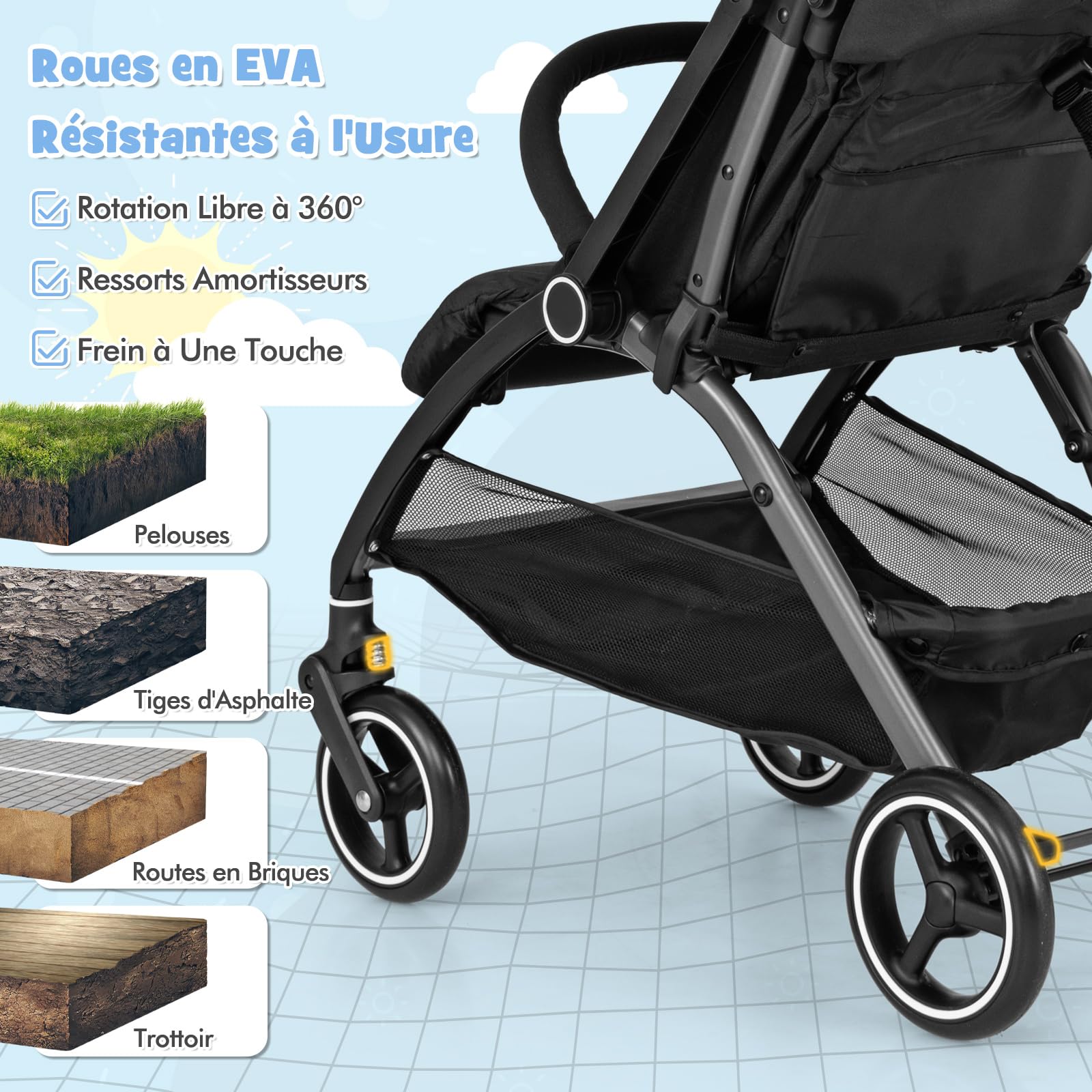 GOPLUS Poussette Canne Compacte pour 6+ Mois, Poussette Bebe Légère 6,2KG avec Capote Ajustable, Panier de Rangment, Harnais 5 Points, Penus EVA Tout Terrain, Pliage à Une Main (Noir)