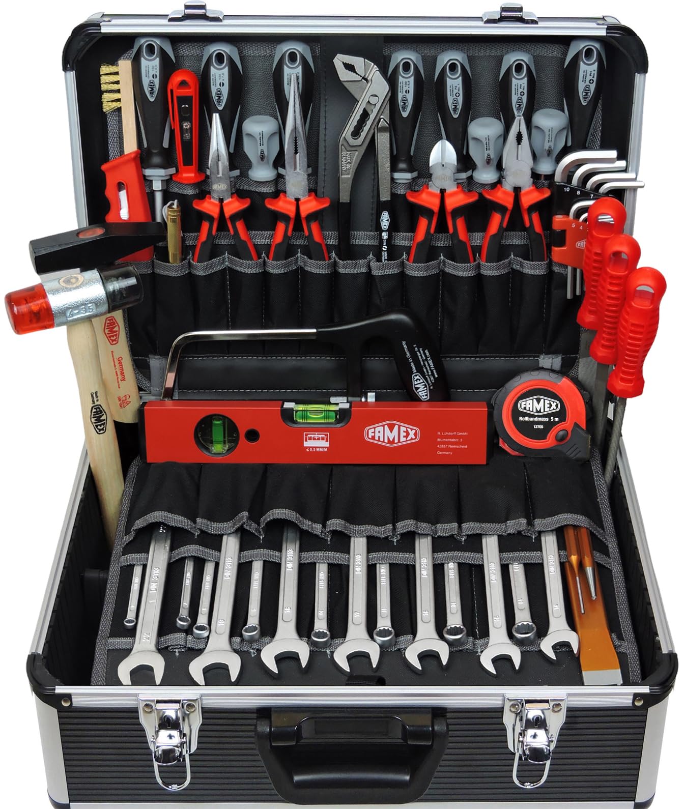 FAMEX 440-93 Profi Werkzeugkoffer gefüllt mit Werkzeug Set, viele Werkzeuge Made in Germany - ERWEITERBAR - Werkzeugkasten, Werkzeugkiste, groß, robust, abschließbar, Kapazität 24kg