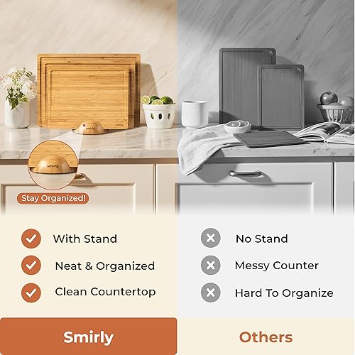 Miniatura 8 de SMIRLY Tablas de cortar de bambú para cocina juego de tablas de cortar de bambú juego de tablas de cortar de madera con soporte juego de tablas de